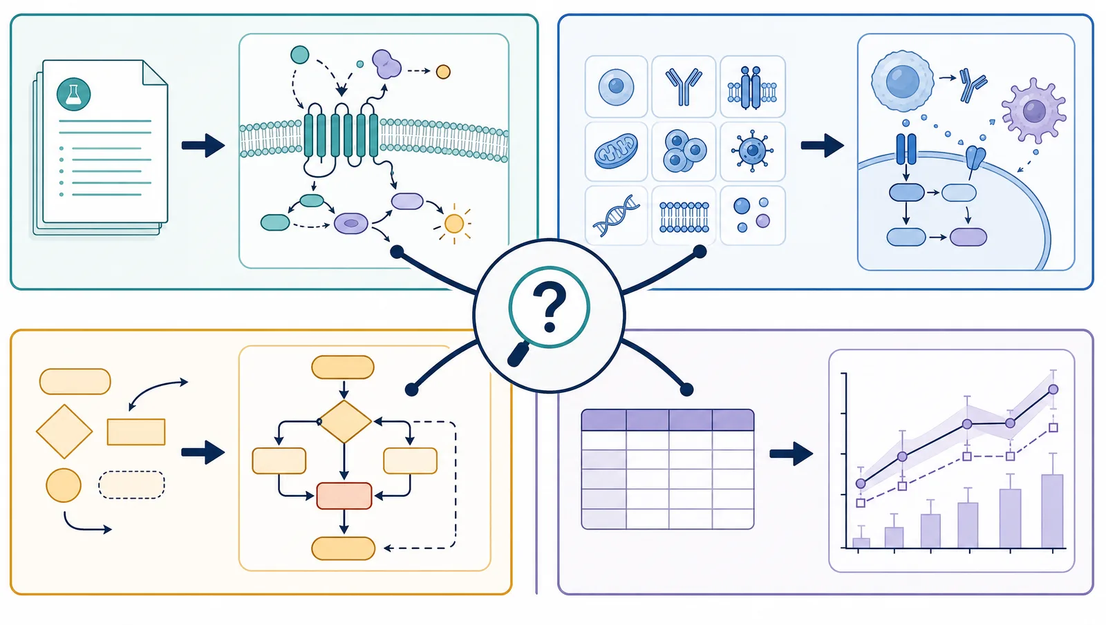 Four scientific figure workflows around a central choice: documents, icon libraries, diagram shapes, and tabular data each lead to a different output (Figure generated with SciFig)