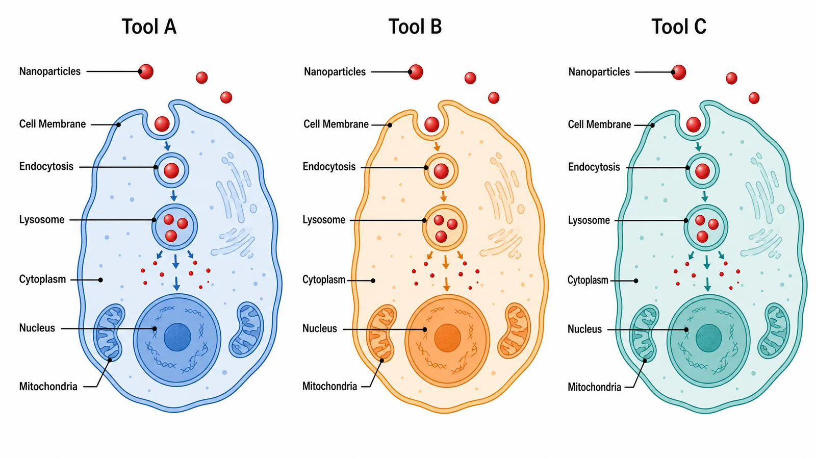 La même illustration cellulaire d'internalisation de nanoparticules dessinée trois fois, intitulées Tool A, Tool B et Tool C, avec des libellés identiques et des palettes de couleurs différentes (figure générée avec SciFig)