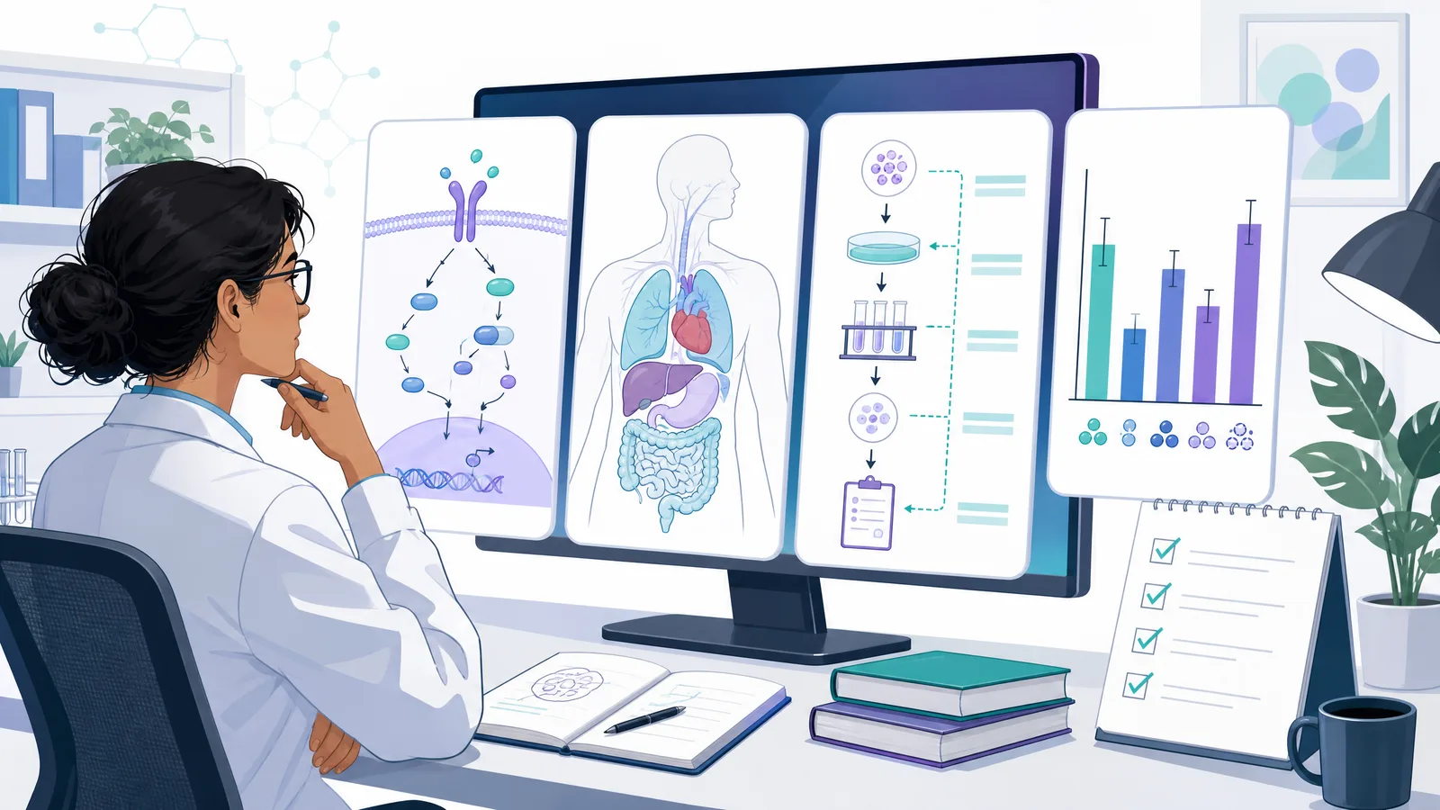 A scientist comparing a signaling mechanism, an anatomy figure, a protocol flowchart and a schematic bar chart beside a checklist (Figure generated with SciFig)