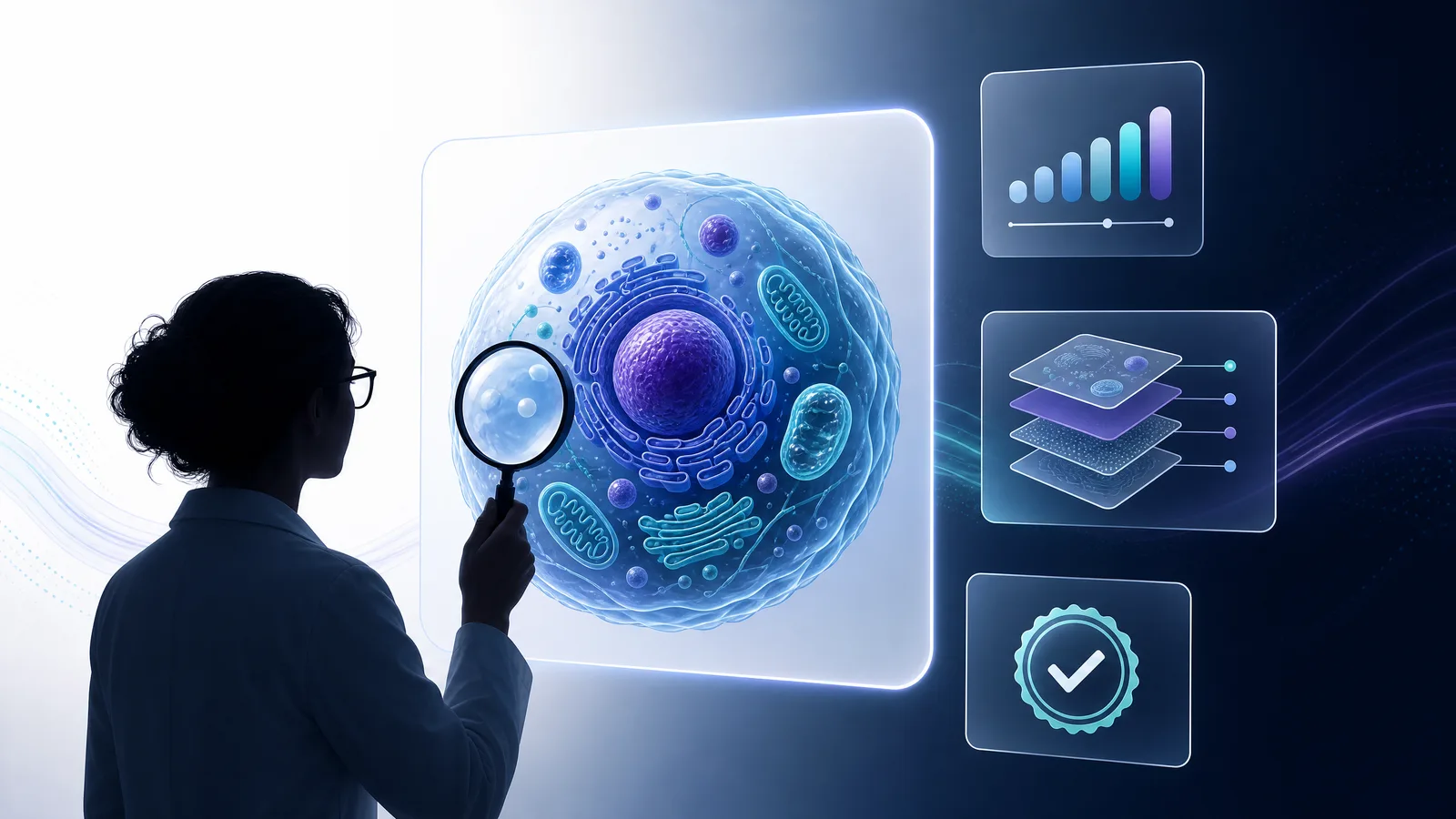 A researcher examining a scientific illustration with a magnifying glass beside cards for cost, editable layers and publication approval (Figure generated with SciFig)