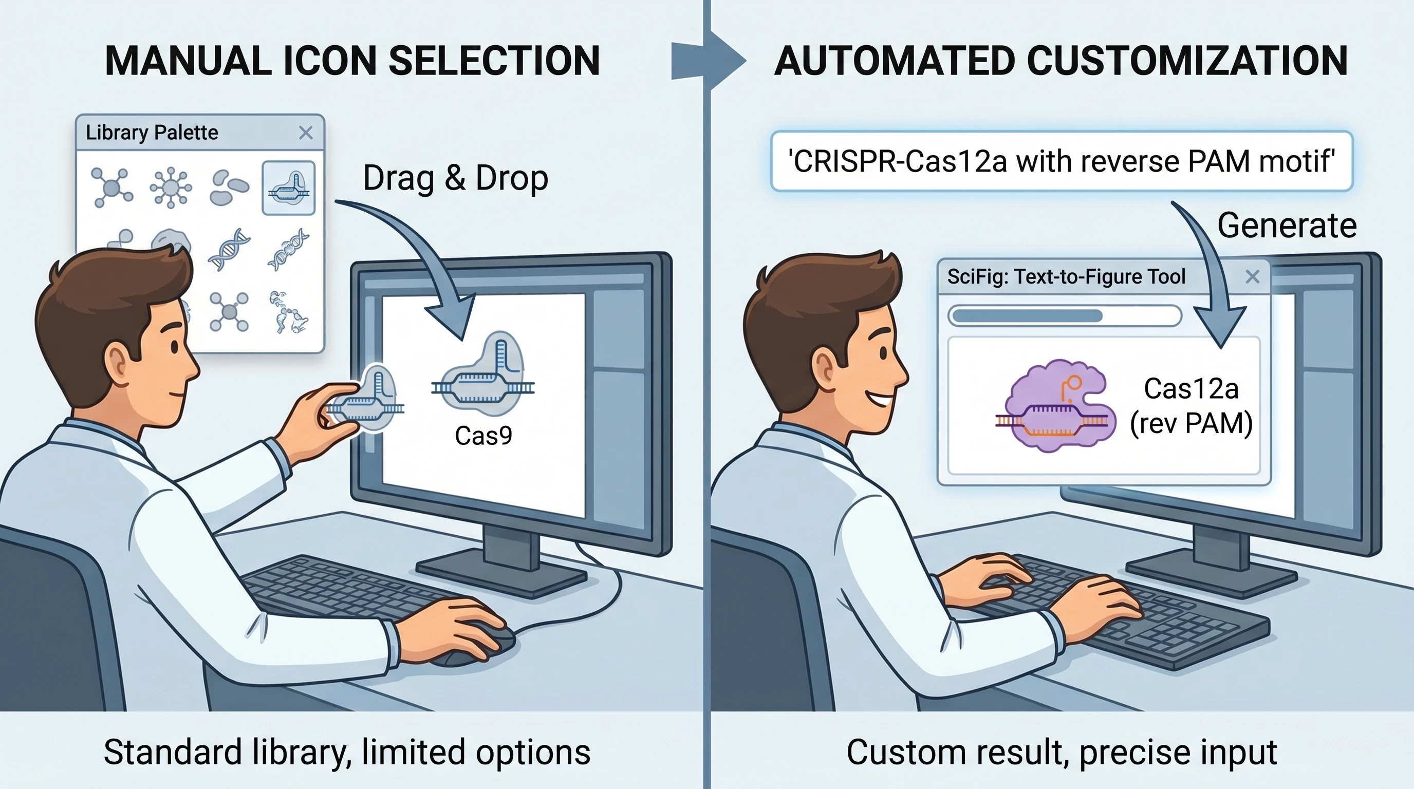 Free library icon drag-and-drop workflow vs SciFig AI text-to-figure prompt comparison (Figure generated with SciFig)