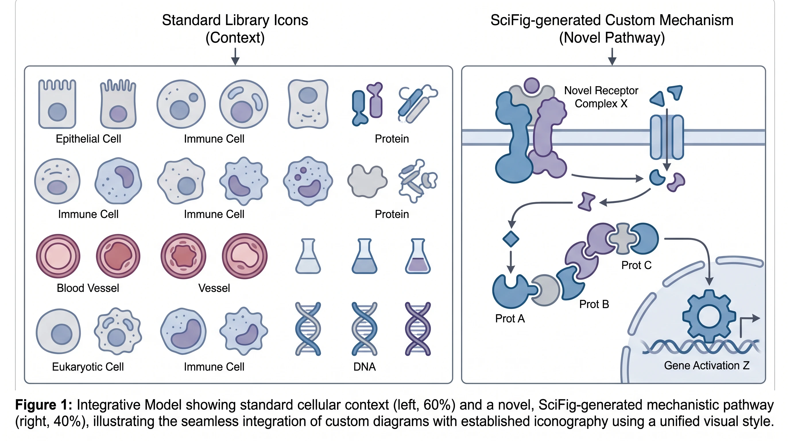 Research figure mixing standard library icons with AI-generated mechanism diagram, unified visual style (Figure generated with SciFig)