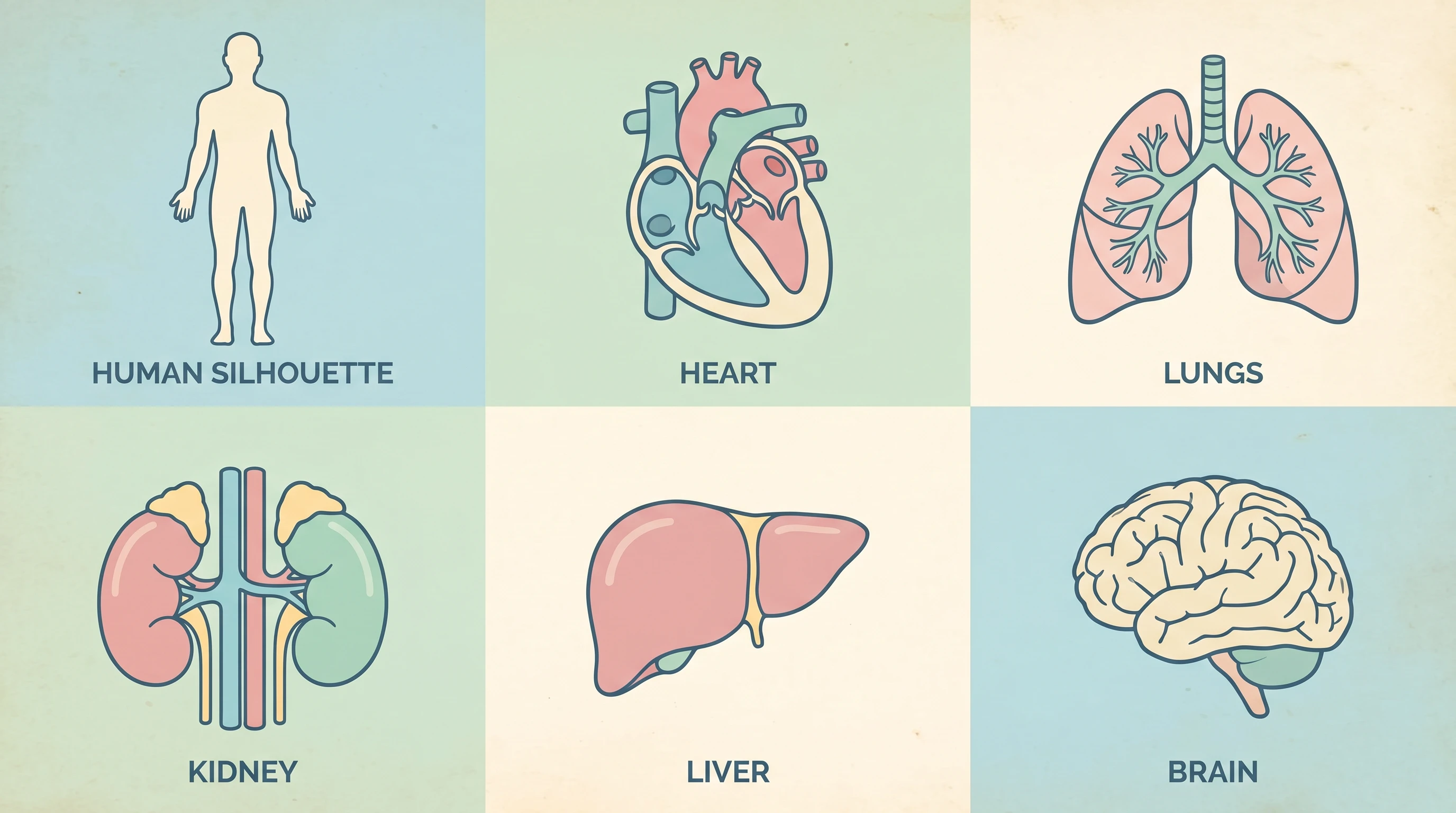 Medical anatomy icons: heart, lung, kidney, brain (Figure generated with SciFig)