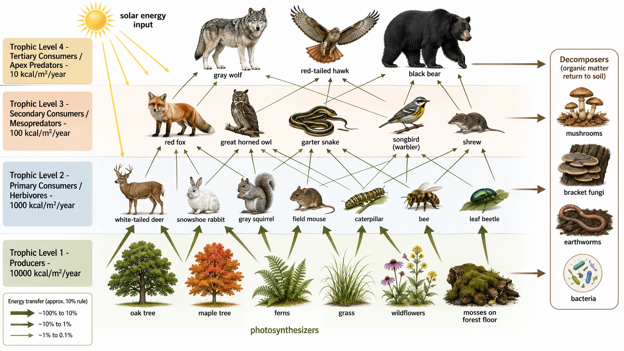 GPT Image 2: Wald-Nahrungsnetz mit vier trophischen Ebenen, Sonnenenergie-Eintrag, Spezies-Illustrationen, Zersetzern in separater Spalte und Energieübertragungs-Prozent-Legende, die die 10-Prozent-Regel zeigt