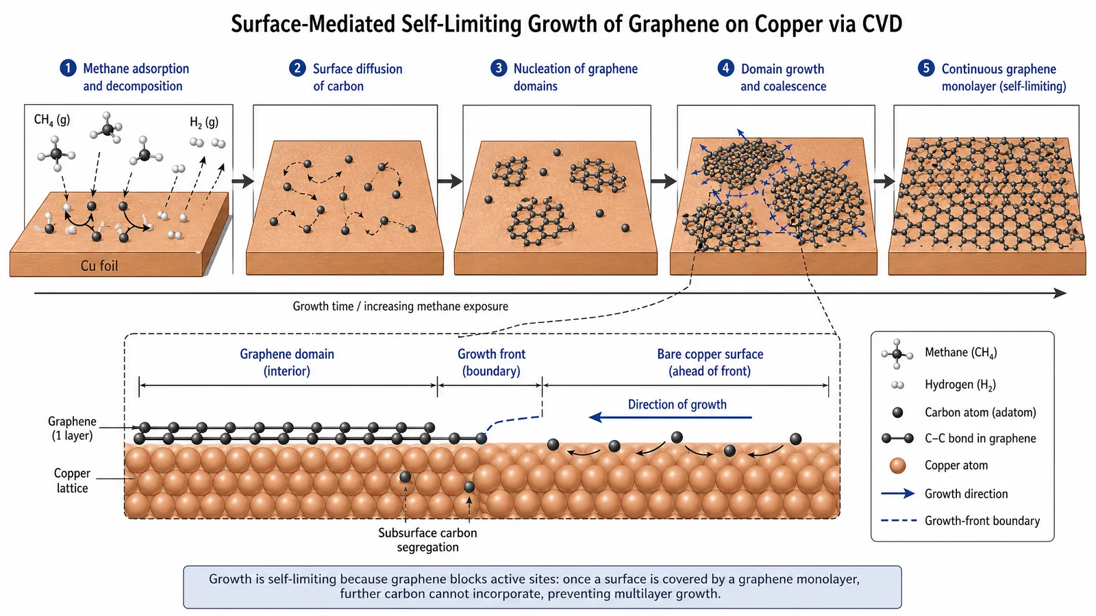 Graphene Week 2026 CVD growth mechanism figure for a materials science poster: methane decomposition on a copper foil catalyst, surface diffusion of carbon adatoms, and graphene domain nucleation and growth (Figure generated with SciFig)