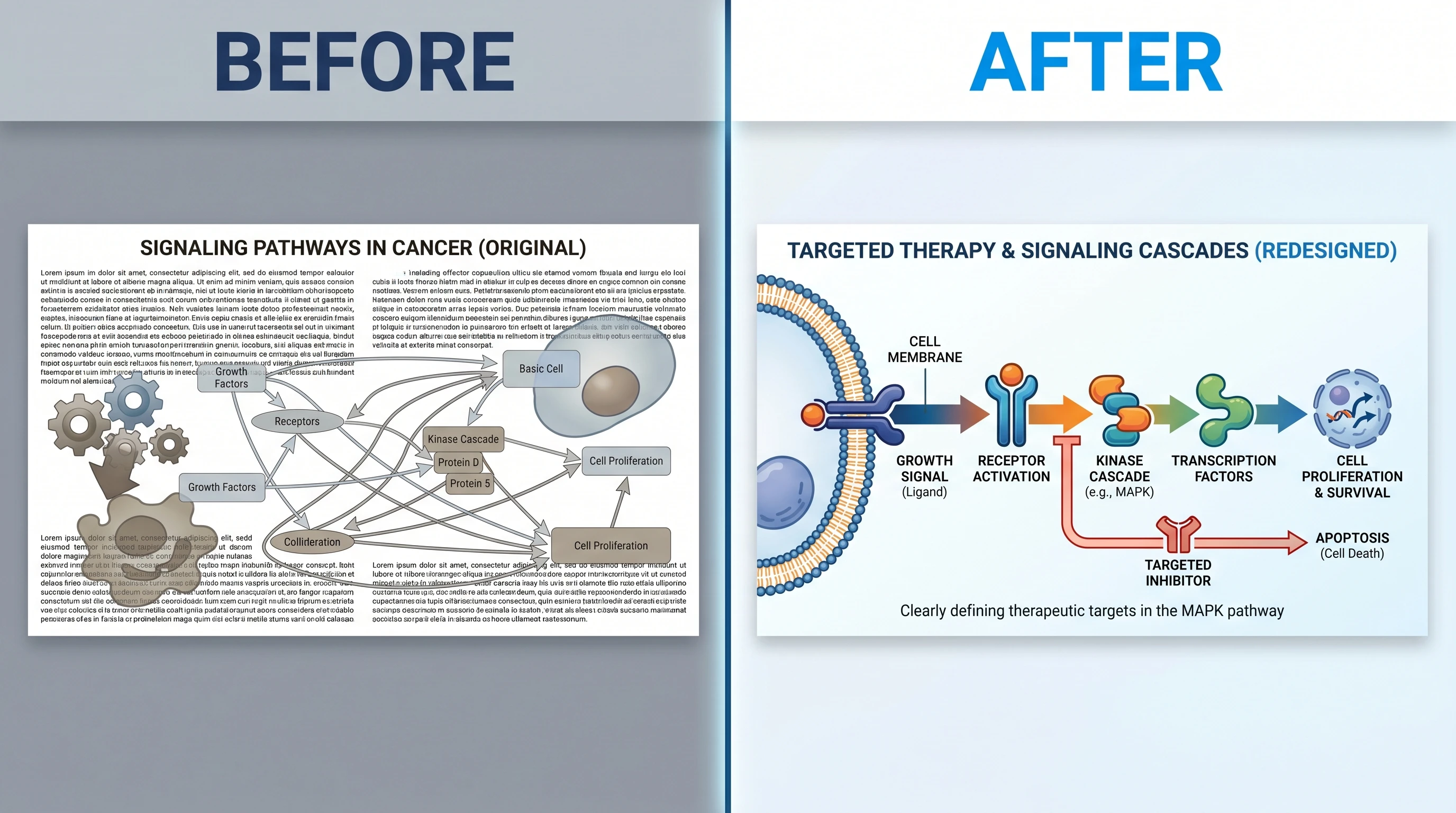 Dramatic before/after graphical abstract makeover: cluttered low-impact design on left vs clean visual-hierarchy redesign on right with same scientific content (Figure generated with SciFig)