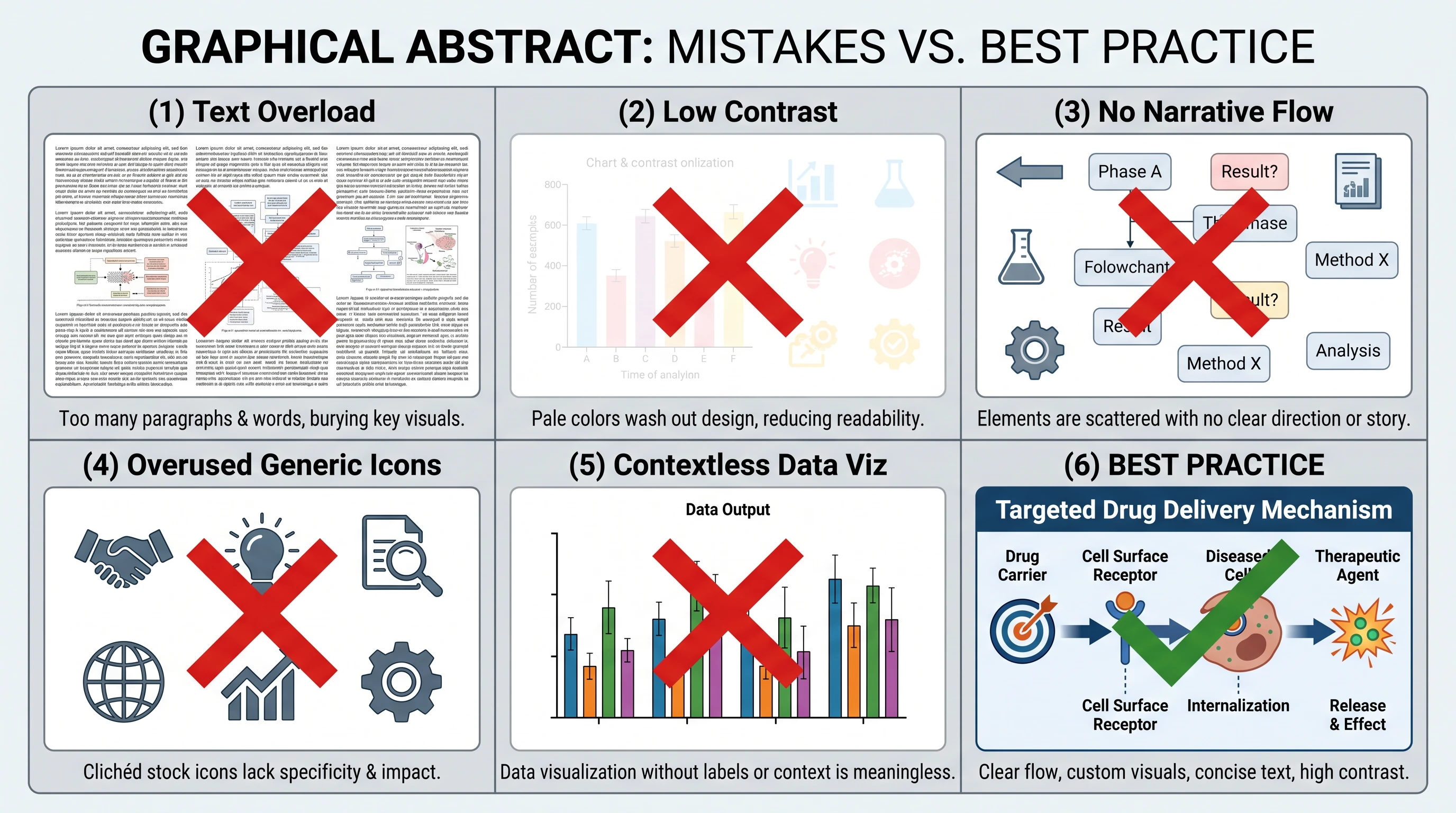 2x3 grid showing 5 graphical abstract mistakes (text overload, low contrast, no narrative, stock icons, no context) + 1 best-practice example (Figure generated with SciFig)