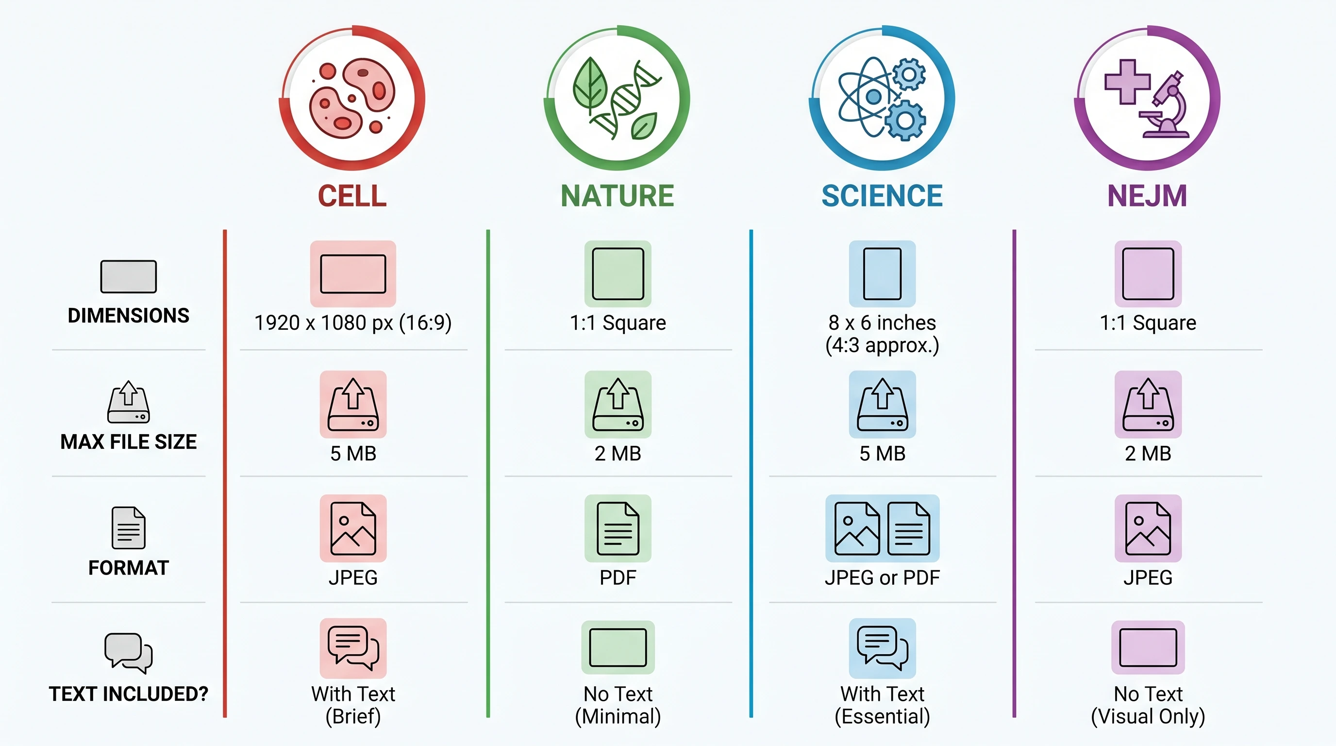 Top journal requirements comparison: 4 publishers (Cell / Nature / Science / NEJM) with their dimensions, file size, format, and text policies for graphical abstracts (Figure generated with SciFig)