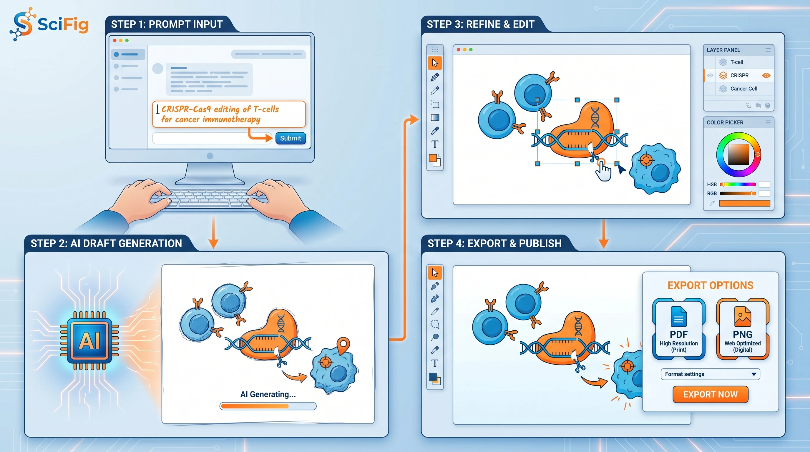 4-step SciFig workflow: typing CRISPR-Cas9 prompt → AI generates draft → vector editing refinement → publication-ready PDF/PNG export (Figure generated with SciFig)