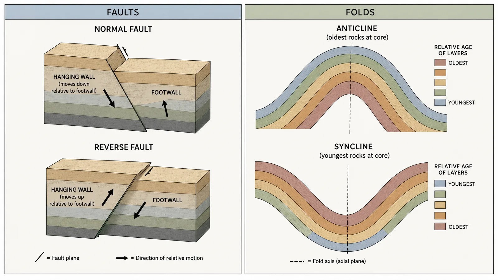 GSA Connects 2026 structural geology figure for a geoscience poster: normal and reverse fault hanging wall motion shown beside an anticline-syncline fold pair with correct relative rock ages in each fold core (Figure generated with SciFig)