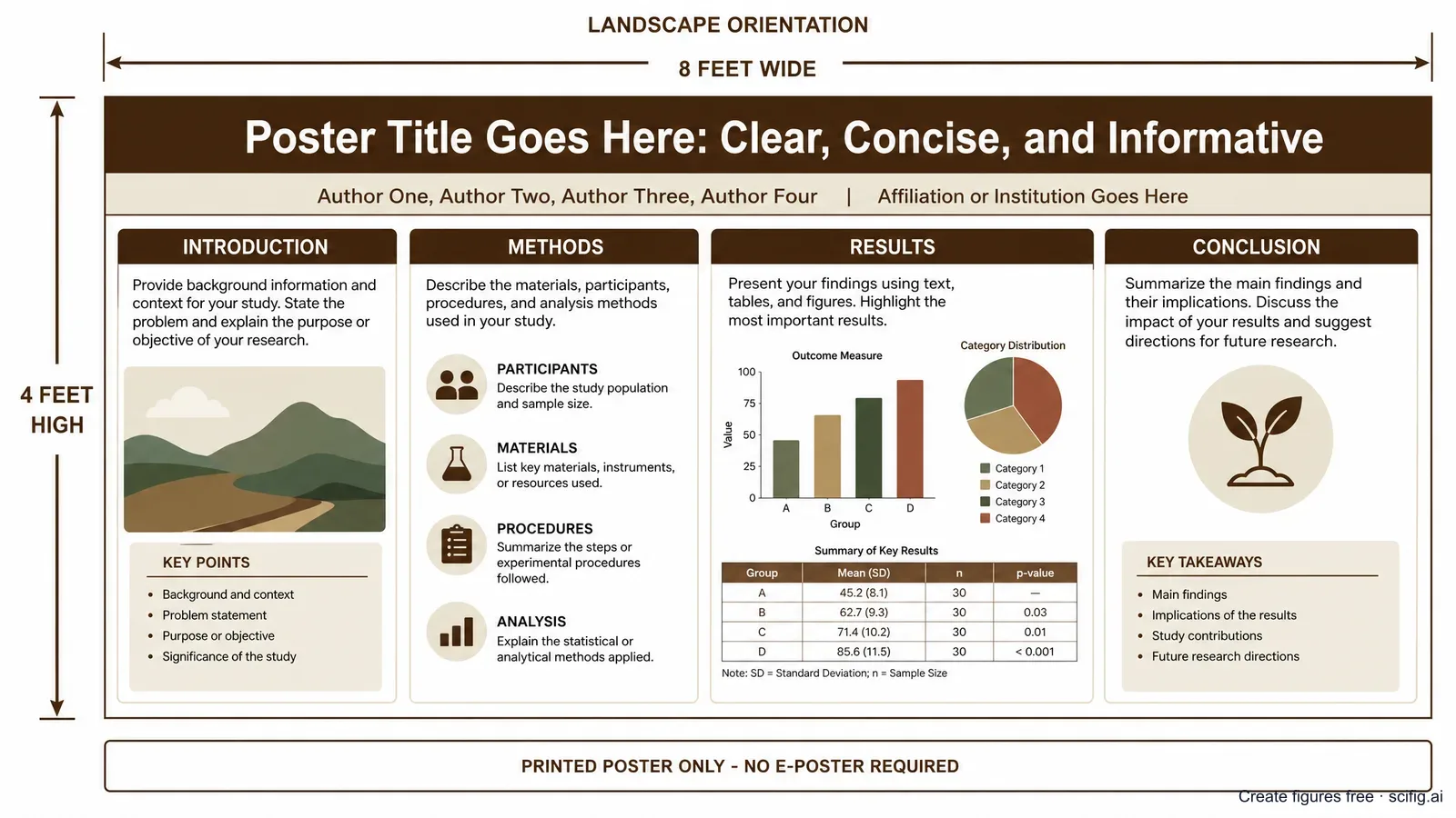 GSA Connects 2026 poster size figure for a geoscience poster: 8-ft-wide by 4-ft-high landscape board layout with a title bar, author row, and methods, results, and conclusions panels (Figure generated with SciFig)