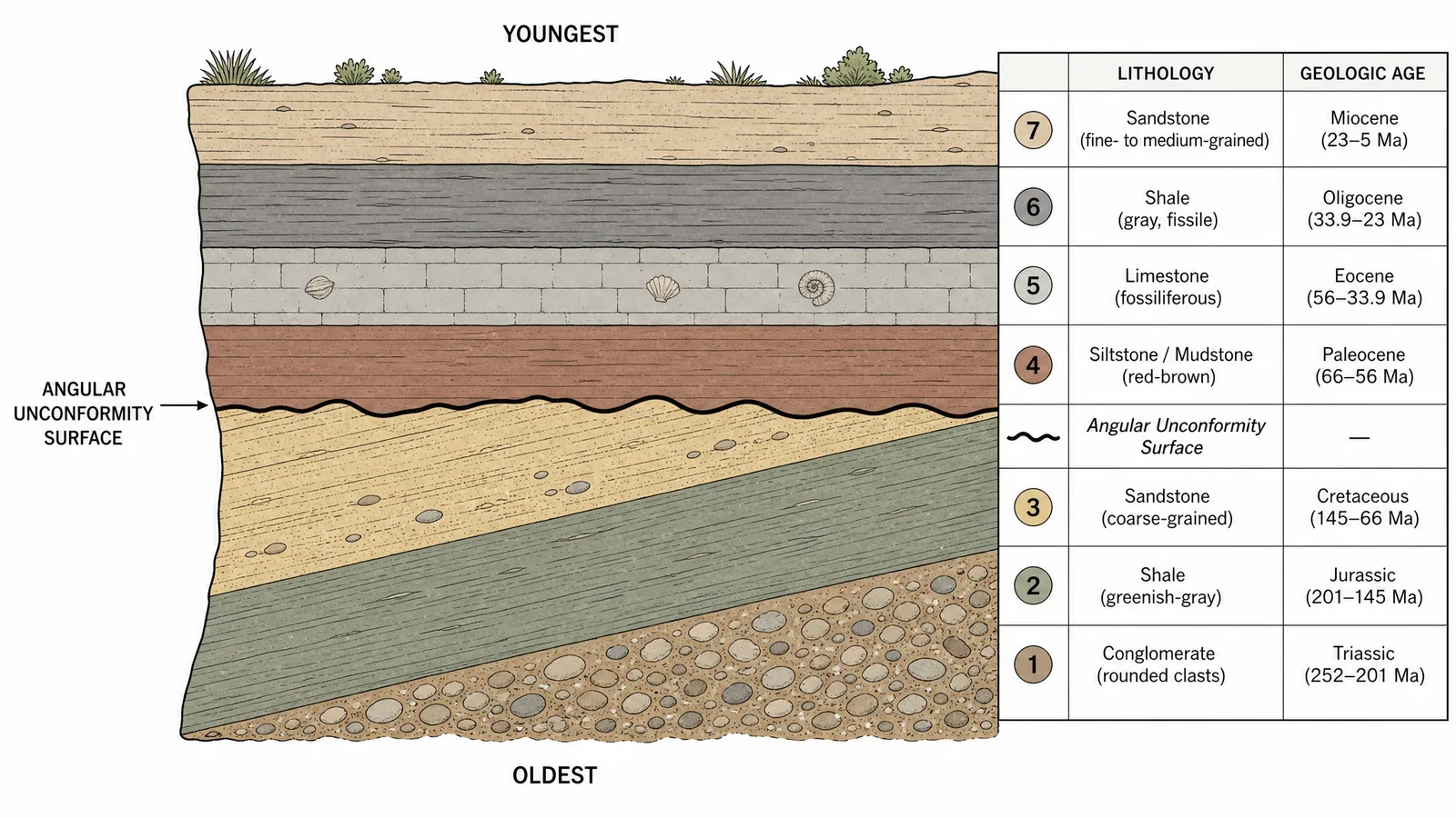 GSA Connects 2026 stratigraphic column figure for a geoscience poster: sedimentary rock layers shown in correct superposition order from oldest at the base to youngest at the top, with an angular unconformity between two sequences (Figure generated with SciFig)