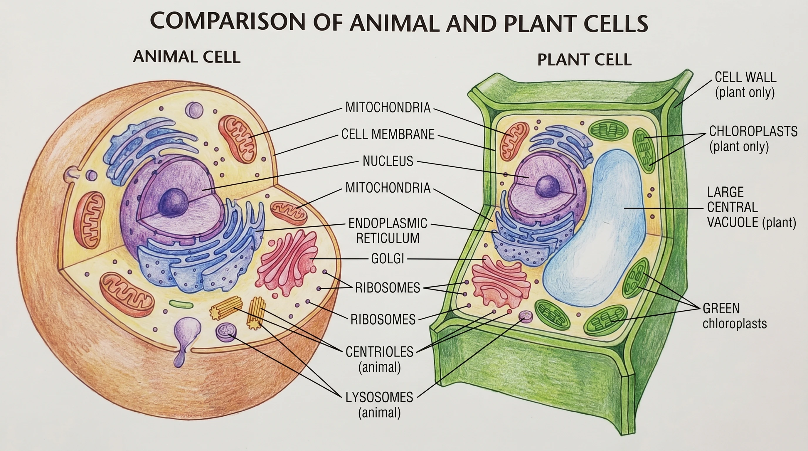 Animal cell vs plant cell anatomical side-by-side comparison with labeled organelles, cell wall, chloroplasts (Figure generated with SciFig)