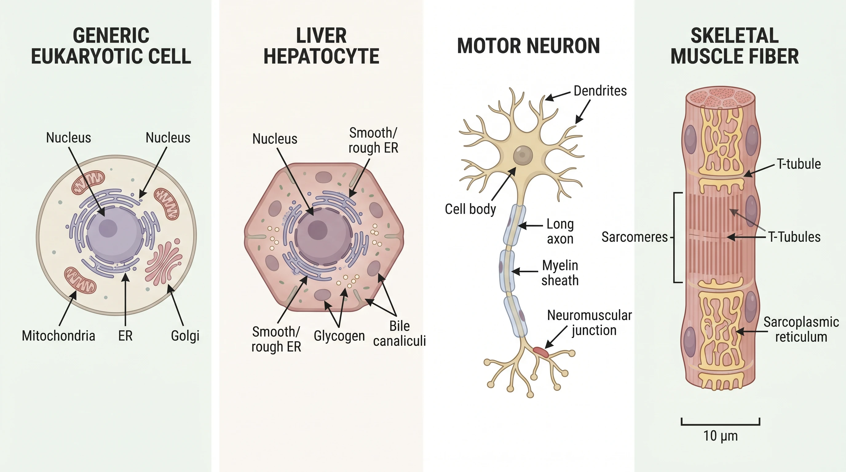 Four animal cell types compared: generic, hepatocyte, neuron, muscle (Figure generated with SciFig)