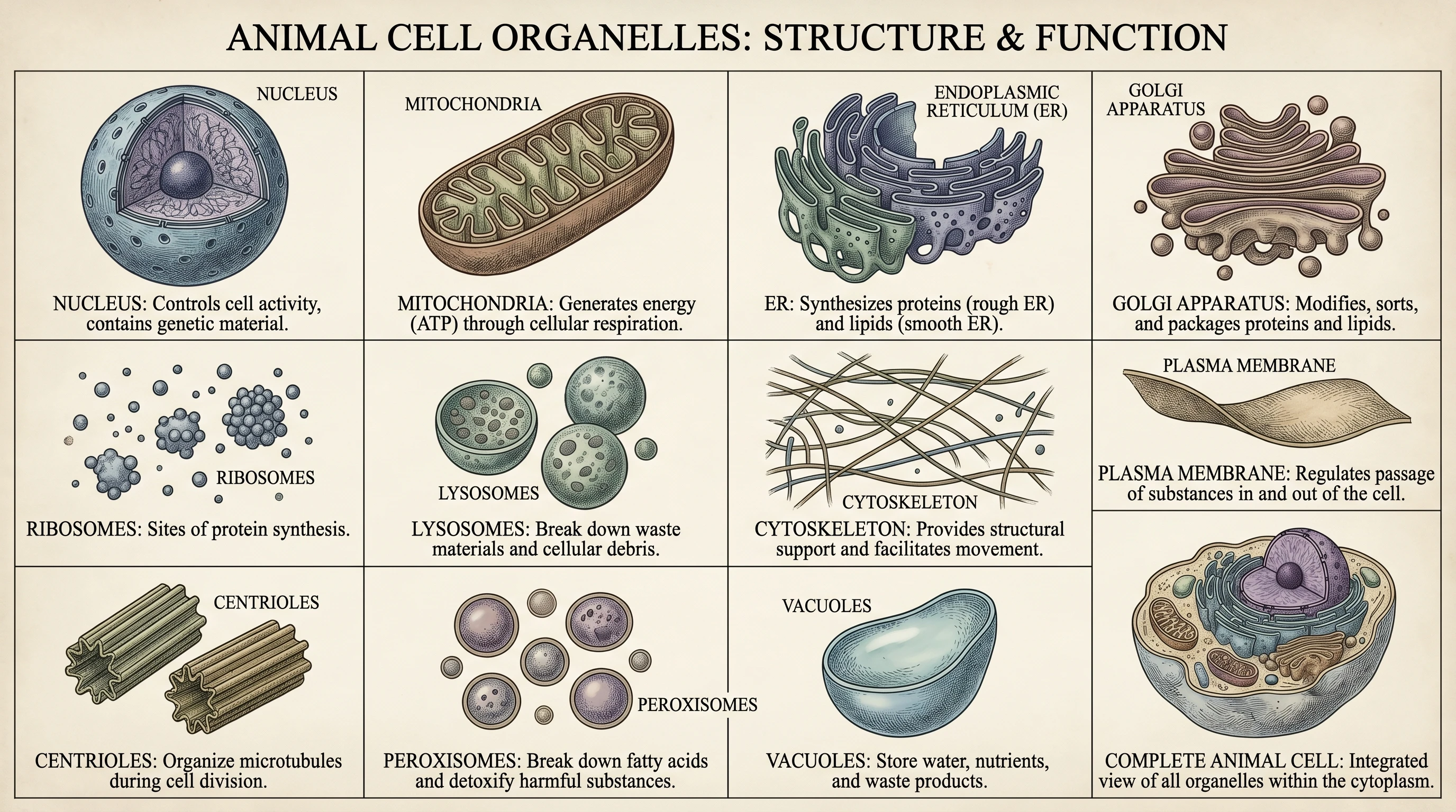 All 11 animal cell organelles separated and labeled with functions (Figure generated with SciFig)
