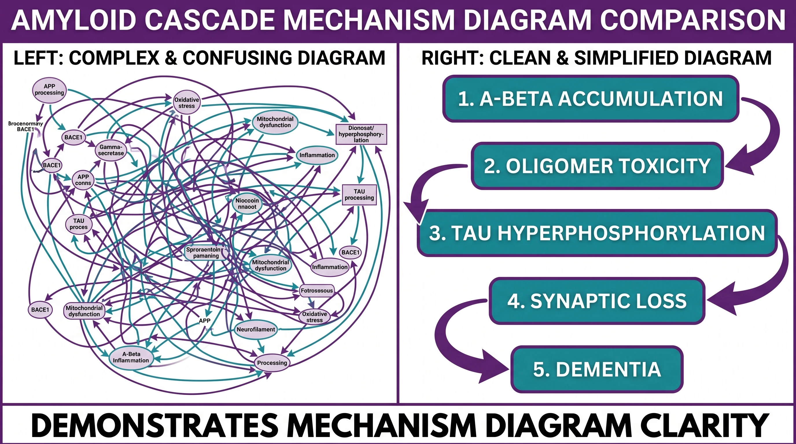 Mechanism layout — left dense amyloid-tau cascade with 40 molecules and overlapping arrows, right clean 6-node cascade with intervention point highlighted (Figure generated with SciFig)