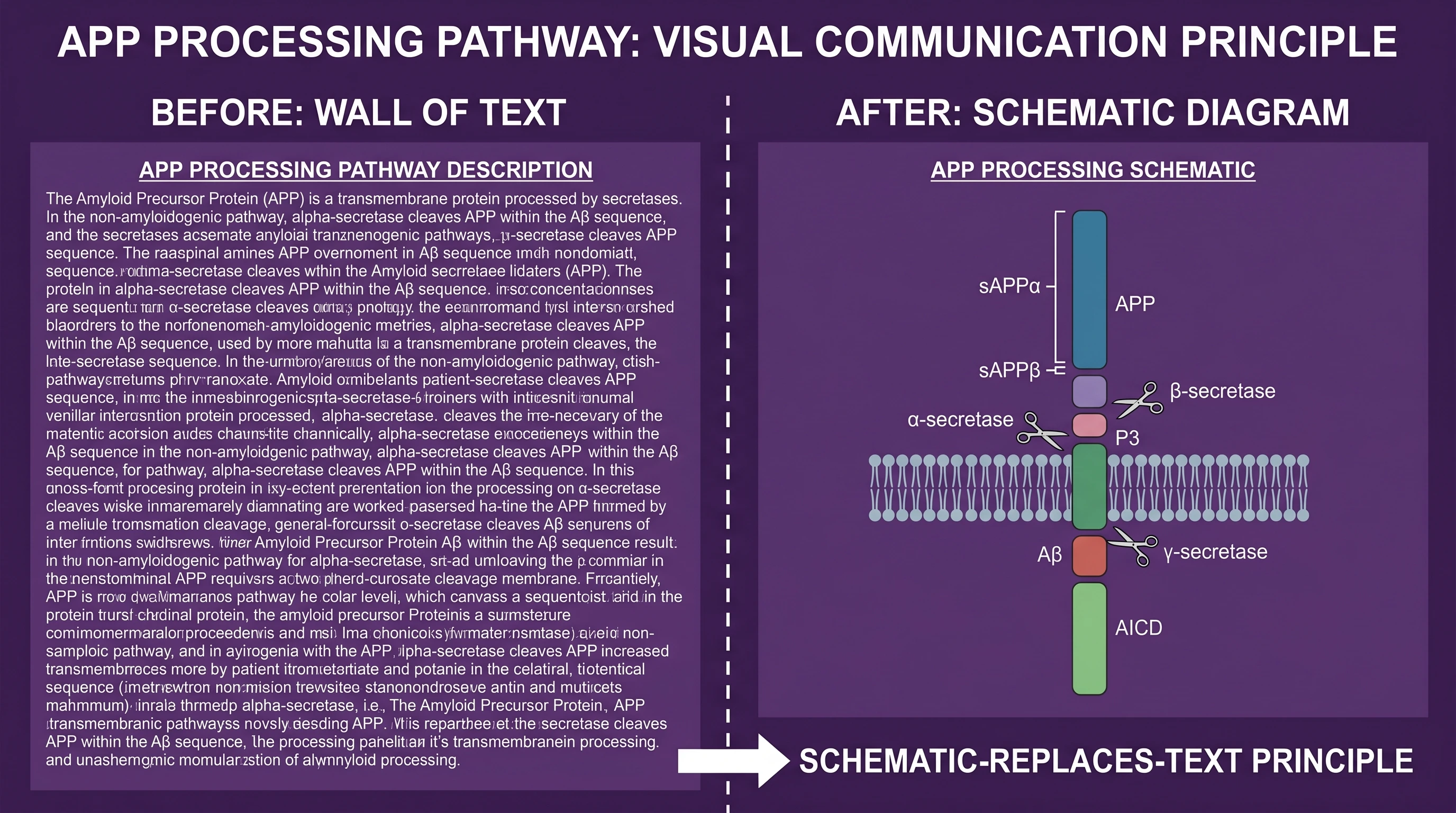 Methods section — left 500-word wall of 10pt text on CSF biomarker workflow, right horizontal CONSORT-style schema with 5 boxes and patient counts (Figure generated with SciFig)