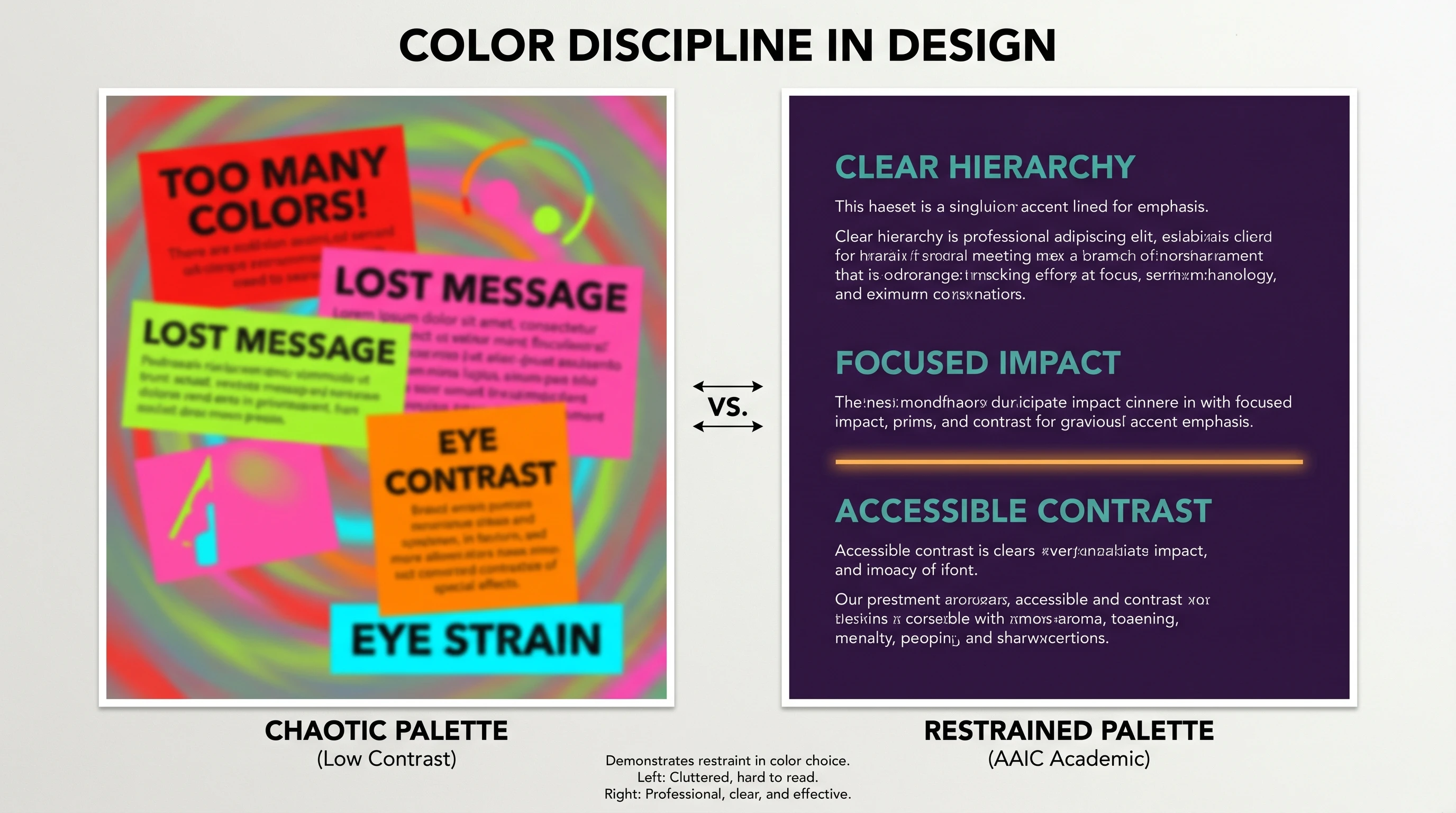 Color palette — left chaotic 8-color rainbow used inconsistently across brain panels, right disciplined purple-teal-white palette with consistent semantic meaning (Figure generated with SciFig)