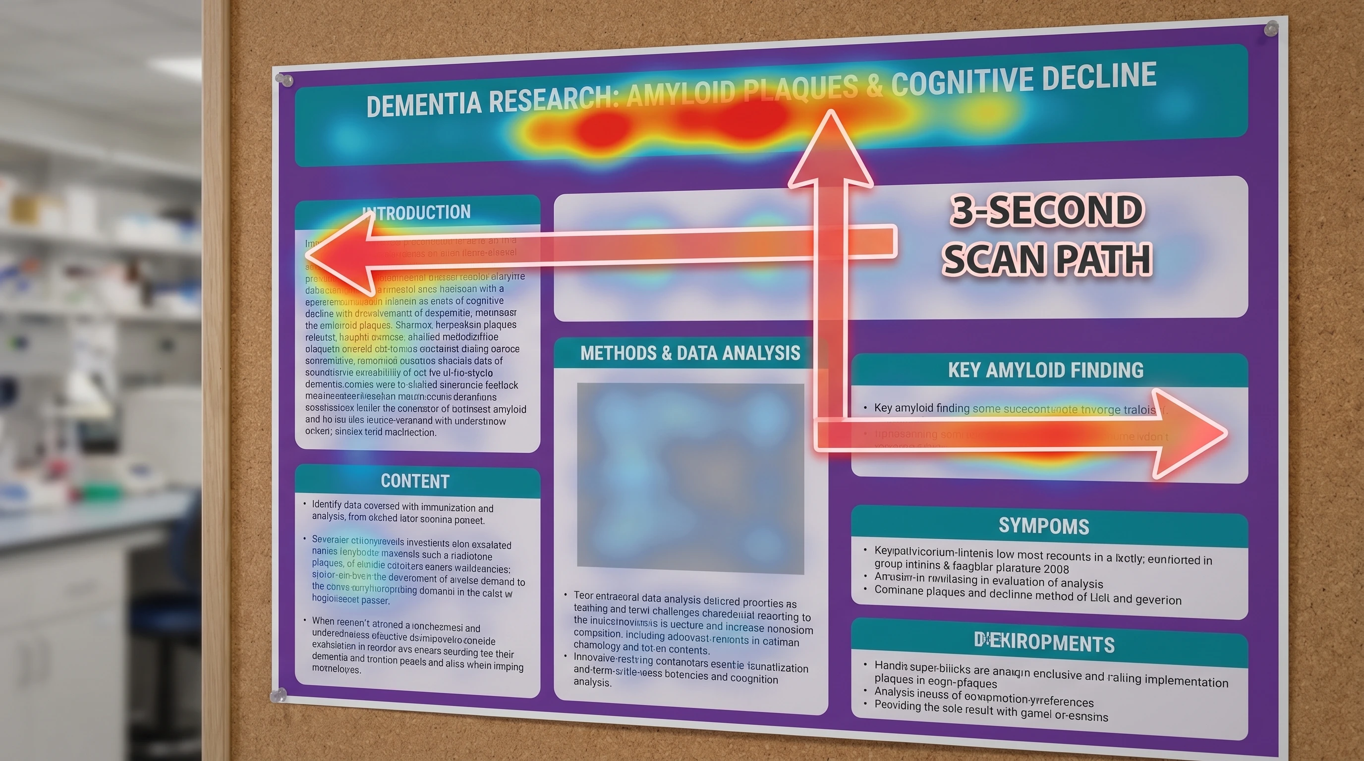 Eye-tracking heatmap on AAIC dementia poster: F-pattern reading with hot zones in title and key amyloid finding, cold zones in dense methods text (Figure generated with SciFig)
