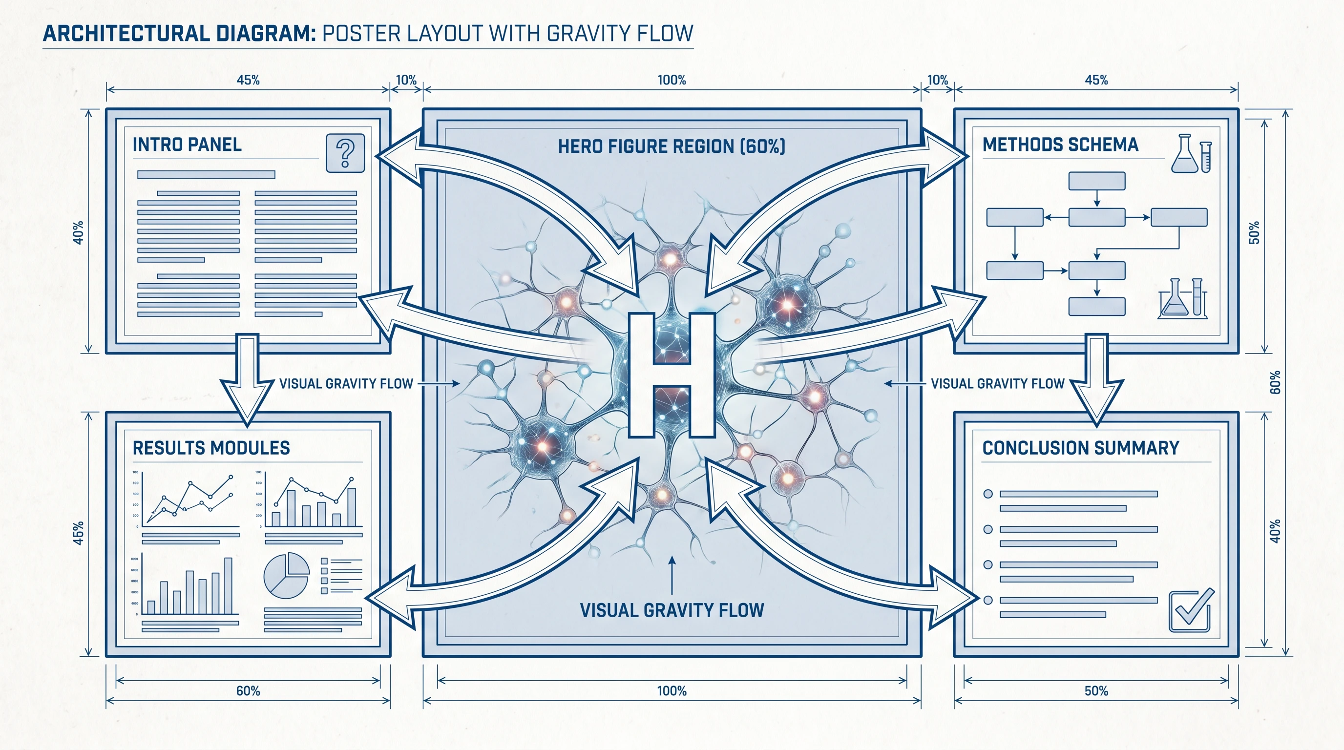 Hero figure anchor layout: large central hero (60% real estate) surrounded by intro, methods, results, conclusion (Figure generated with SciFig)