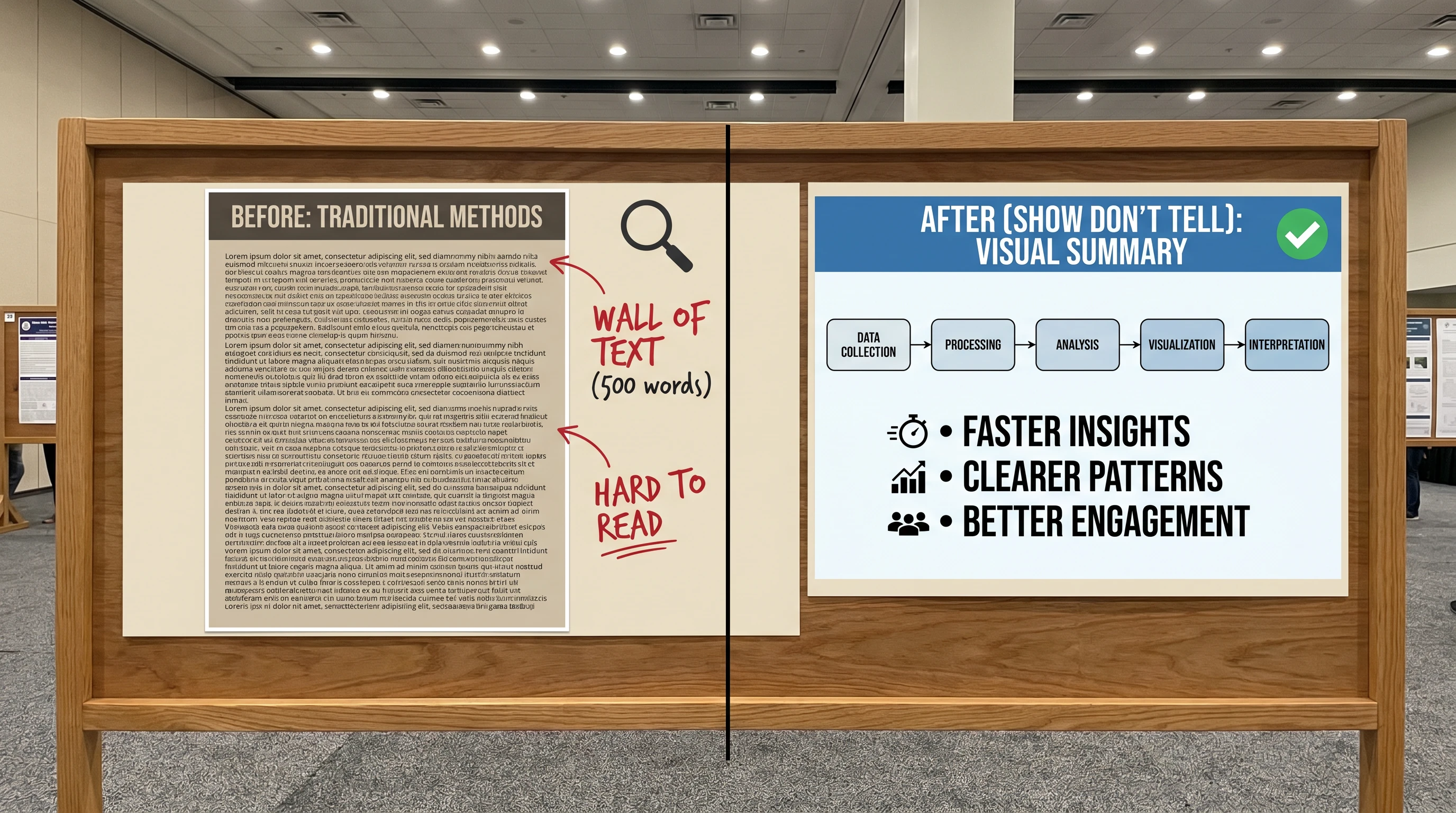 Information density: left wall of text (500 words), right same content as schematic diagram + 3 bullets (Figure generated with SciFig)