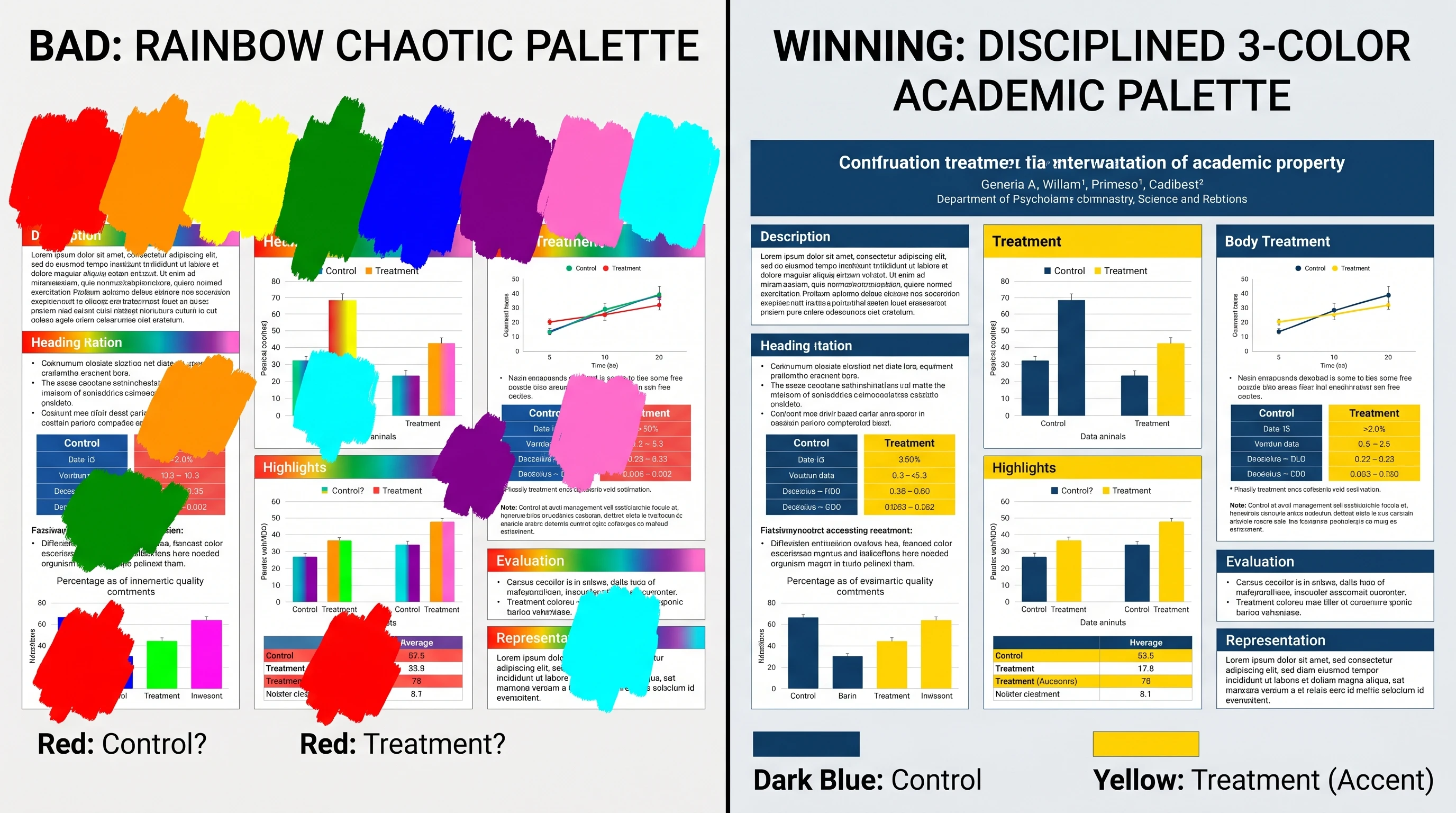 Color palette — left rainbow 8 hues chaotic, right disciplined blue/yellow/white academic (Illustrative AI mockup · Figure generated with SciFig)