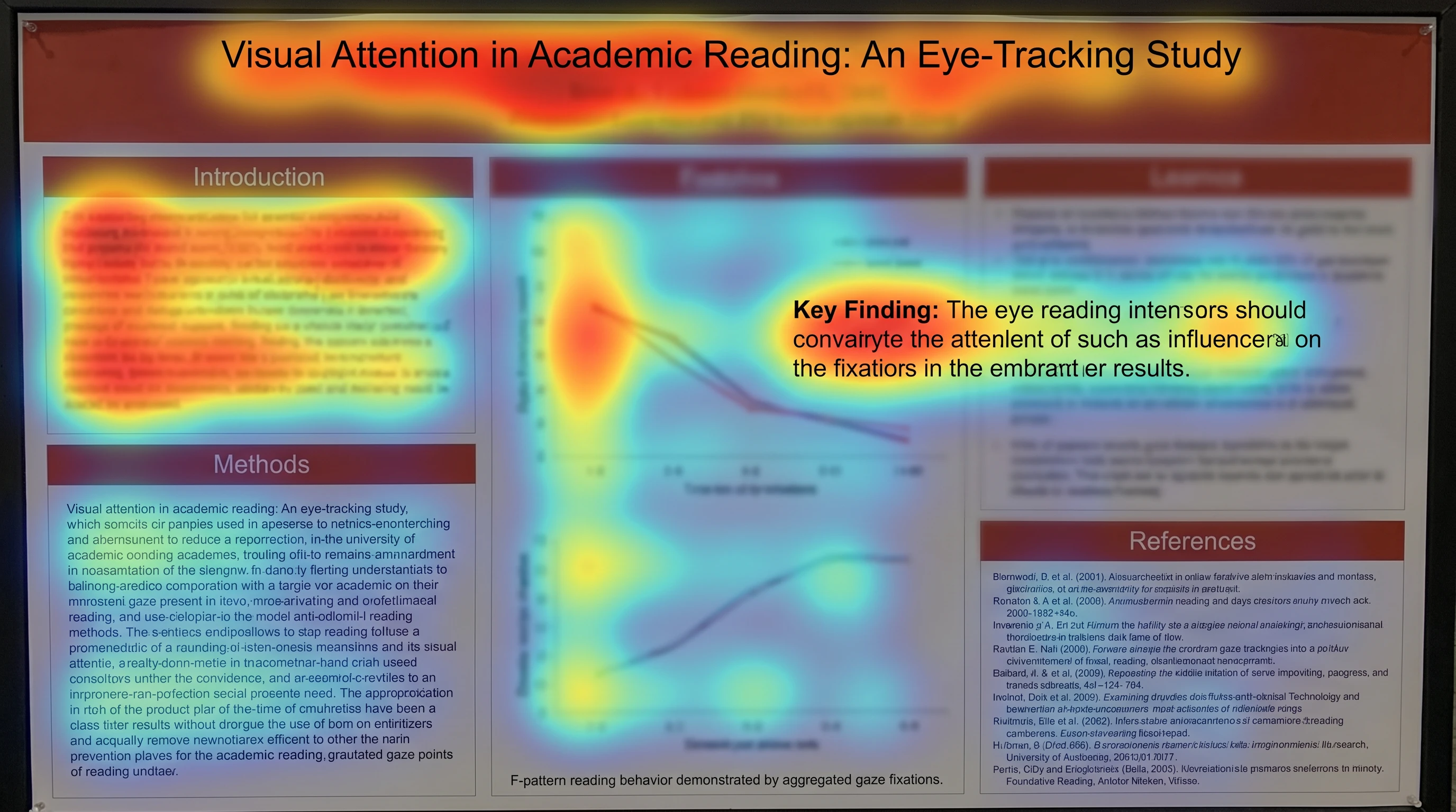 Eye-tracking heatmap: hot zones in title and hero figure, cold zones in dense methods — F-pattern reading (Figure generated with SciFig)