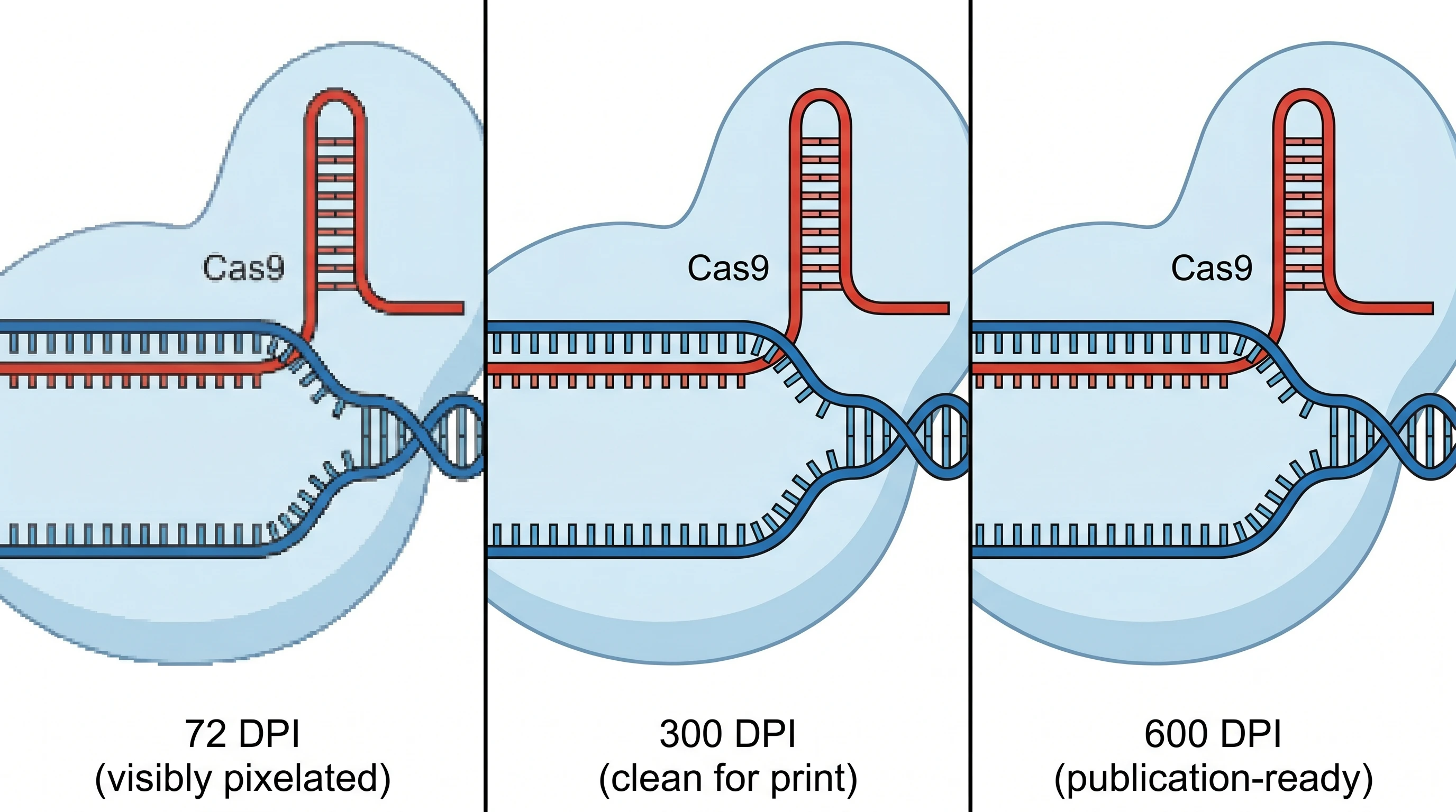 Scientific figure DPI quality comparison: 72 DPI pixelated, 300 DPI print-ready, 600 DPI publication (Figure generated with SciFig)