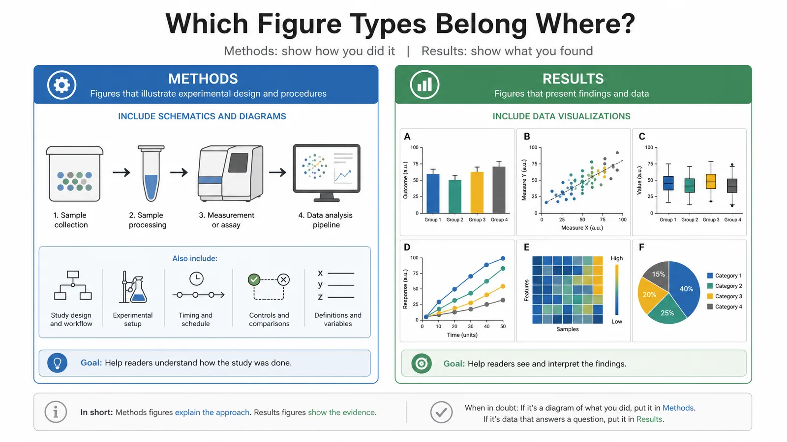 A paper layout showing which figure types belong in methods versus results, with a schematic in methods and data panels in results (Figure generated with SciFig)