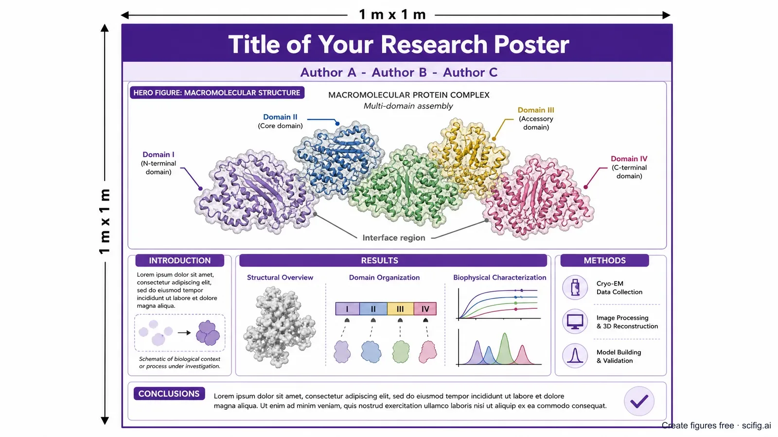 Keystone 2026 structural biology poster template: a 1 by 1 metre board layout with a title bar, author and affiliation row, and introduction, methods, results, and conclusions panels built around a hero molecular structure figure (Figure generated with SciFig)