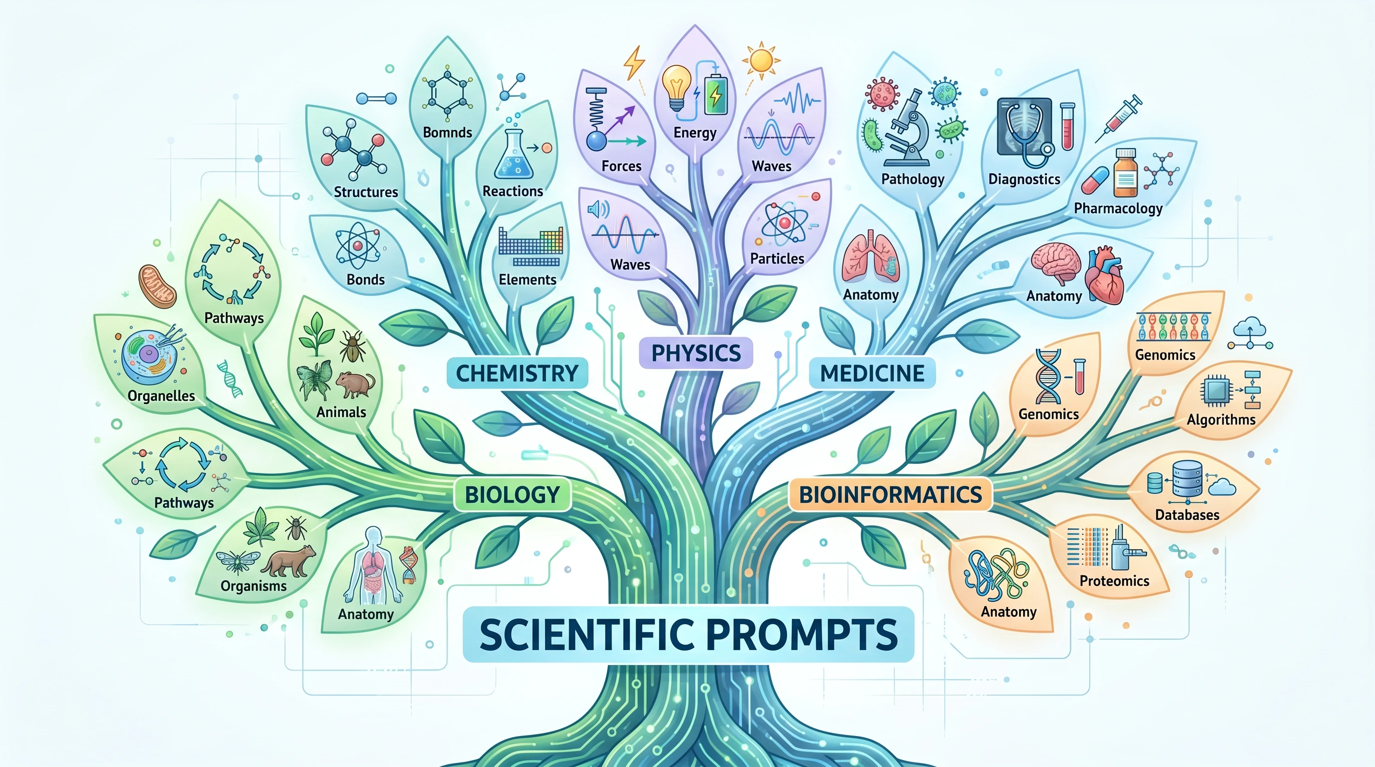 Domain-specific scientific vocabulary tree with 5 main branches (Biology / Chemistry / Physics / Medicine / Bioinformatics) and 4-5 specific terms per branch (Figure generated with SciFig)