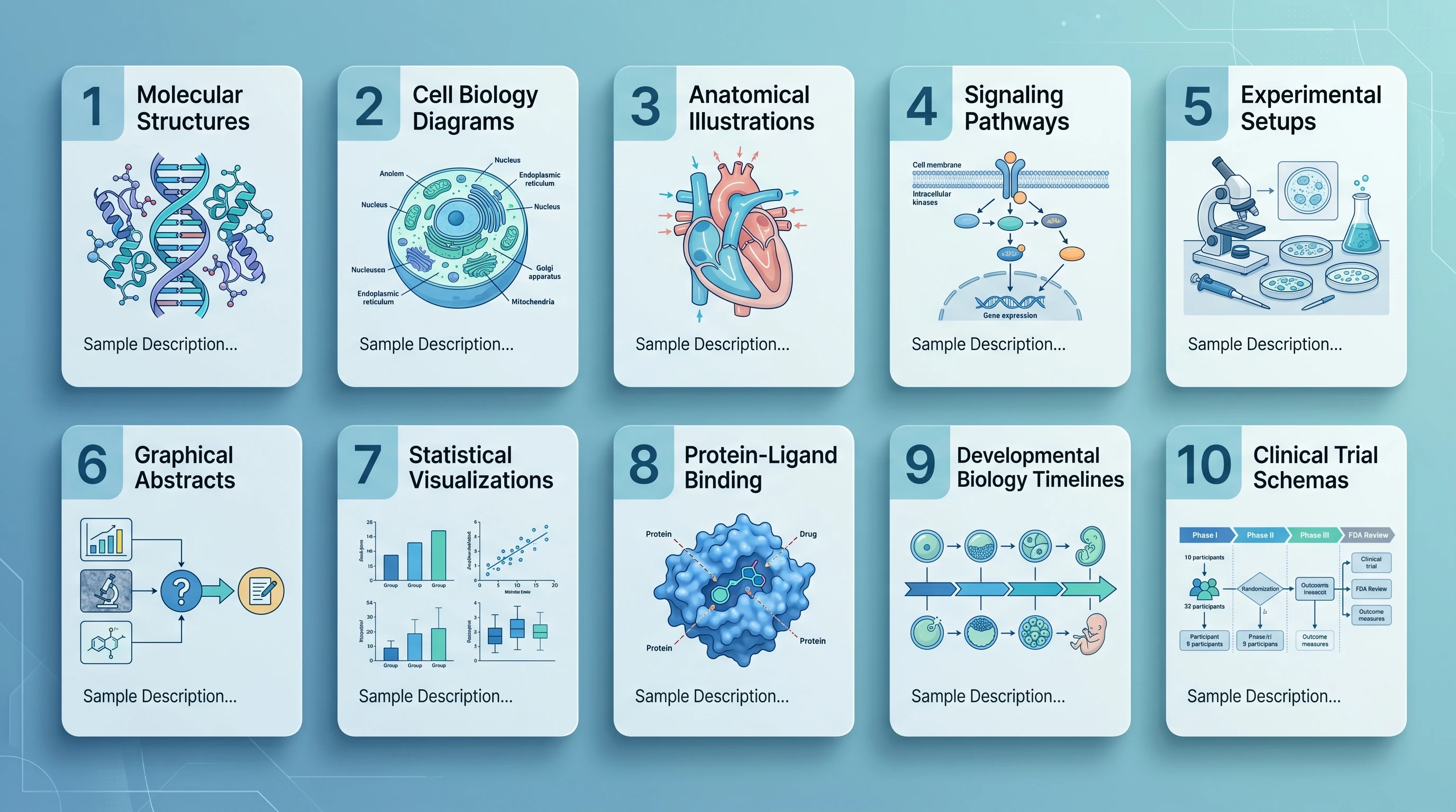 Gallery of 10 prompt template categories in 2x5 grid covering molecular structures, cell biology, anatomy, signaling pathways, experiments, abstracts, and stats (Figure generated with SciFig)