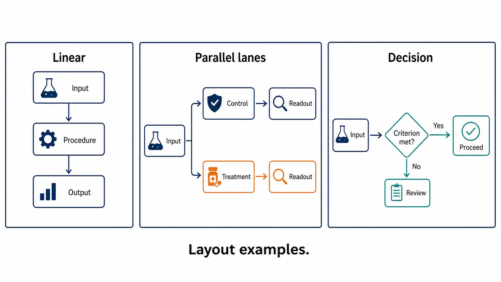 Three experimental workflow layouts showing a linear sequence, parallel control and treatment lanes, and a labeled decision branch (Figure generated with SciFig)