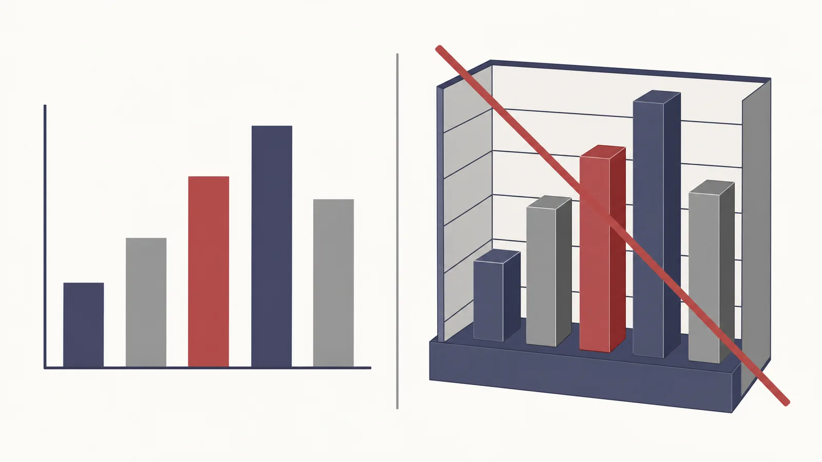 A clean flat bar chart beside a cluttered 3D chart with a truncated baseline marked undesirable, styles the journal rejects (illustration generated with SciFig)