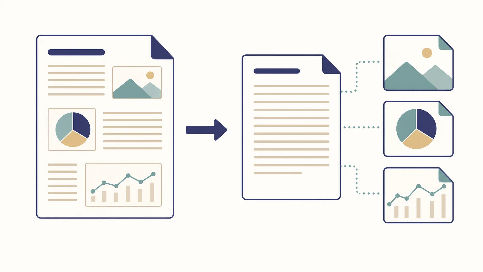 Diagram contrasting a single combined first-submission file with the separated text and high-resolution figure files required after acceptance (illustration generated with SciFig)