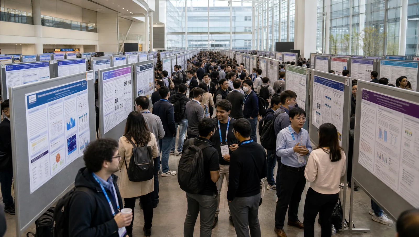 NeurIPS 2026 poster hall: a wide-angle view down an aisle of academic conference poster boards with attendees, illustrating the in-person poster presentation format (Figure generated with SciFig)