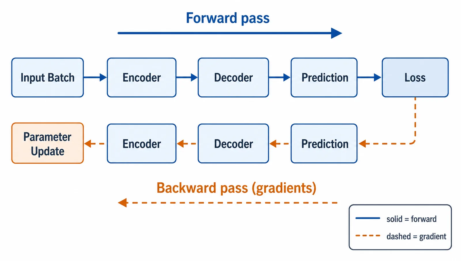 NeurIPS 2026 training pipeline figure for an ML poster: a forward pass with solid arrows and backward gradient flow drawn with dashed arrows in the opposite direction (Figure generated with SciFig)