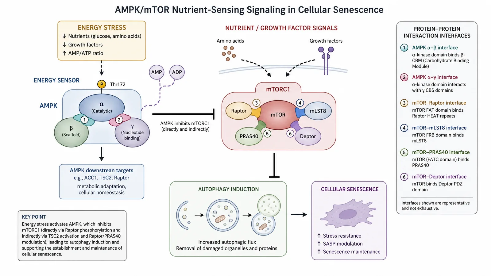 ÖGMBT / FEBS3+ 2026 signaling pathway figure for a biochemistry poster: AMPK sensing energy stress and inhibiting mTORC1 to promote autophagy, with the correctly directed protein-protein interaction arrows (Figure generated with SciFig)