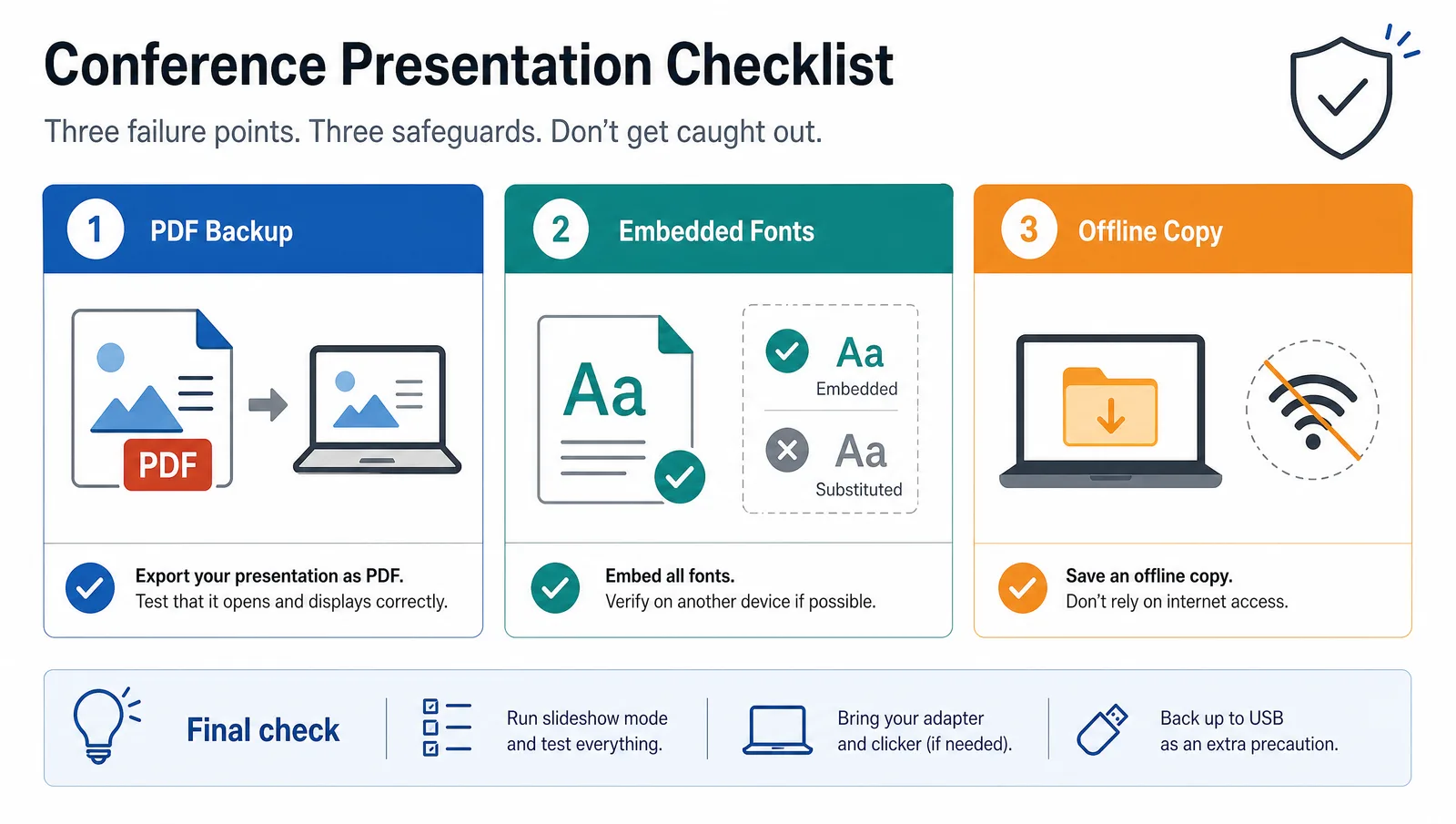 A conference presentation checklist showing PDF backup, embedded fonts, and offline copy as the three failure points (Figure generated with SciFig)