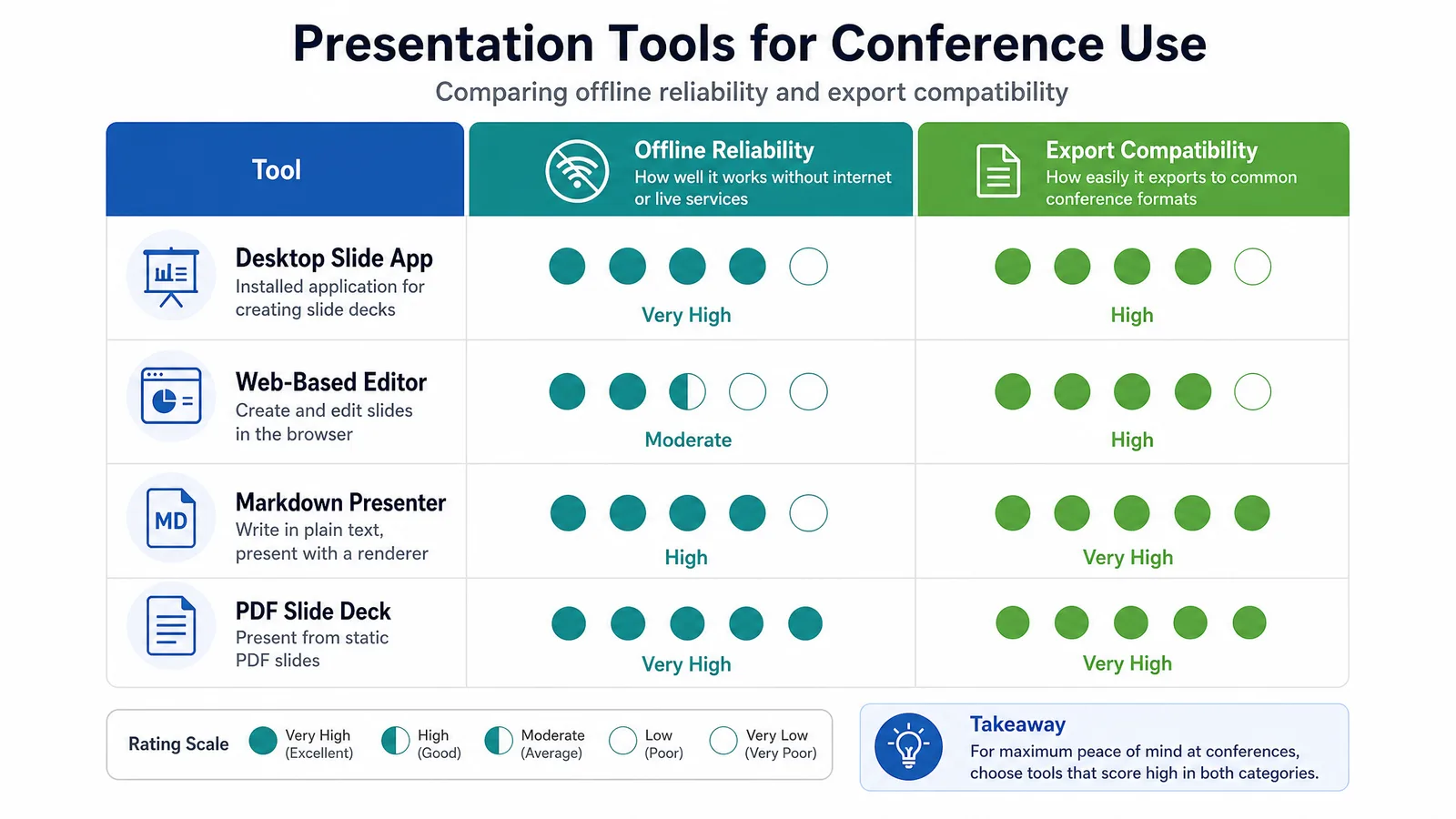 A matrix placing presentation tools against offline reliability and export compatibility for conference use (Figure generated with SciFig)