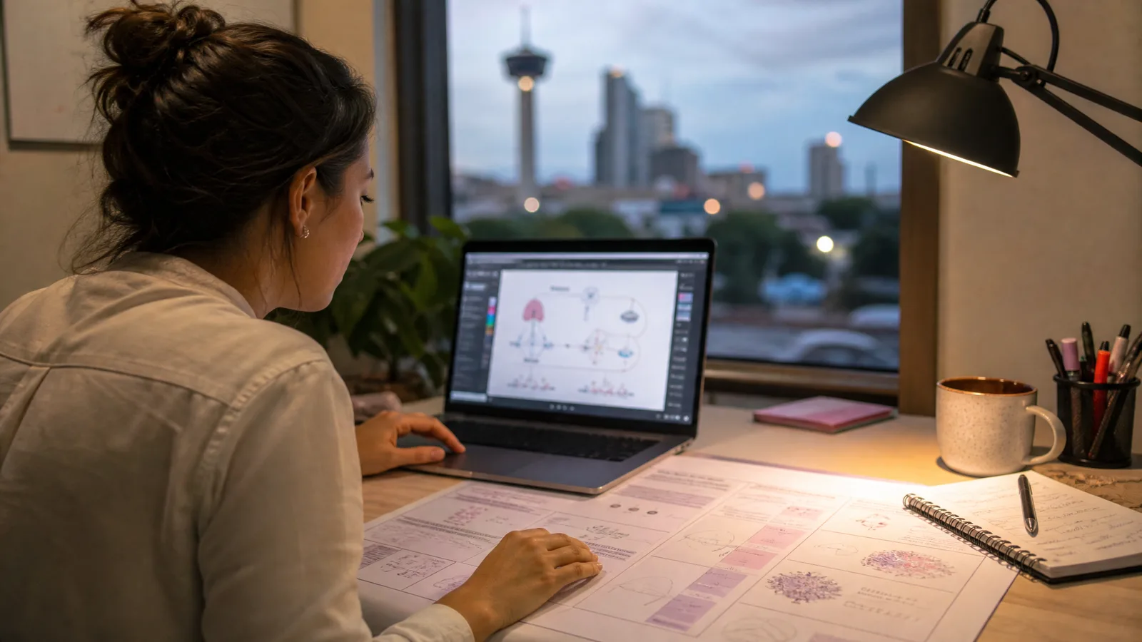 SABCS 2026 breast cancer poster preparation scene for breast oncology figures: a researcher at a laptop building a figure canvas beside a draft breast cancer poster, San Antonio workspace (Figure generated with SciFig)