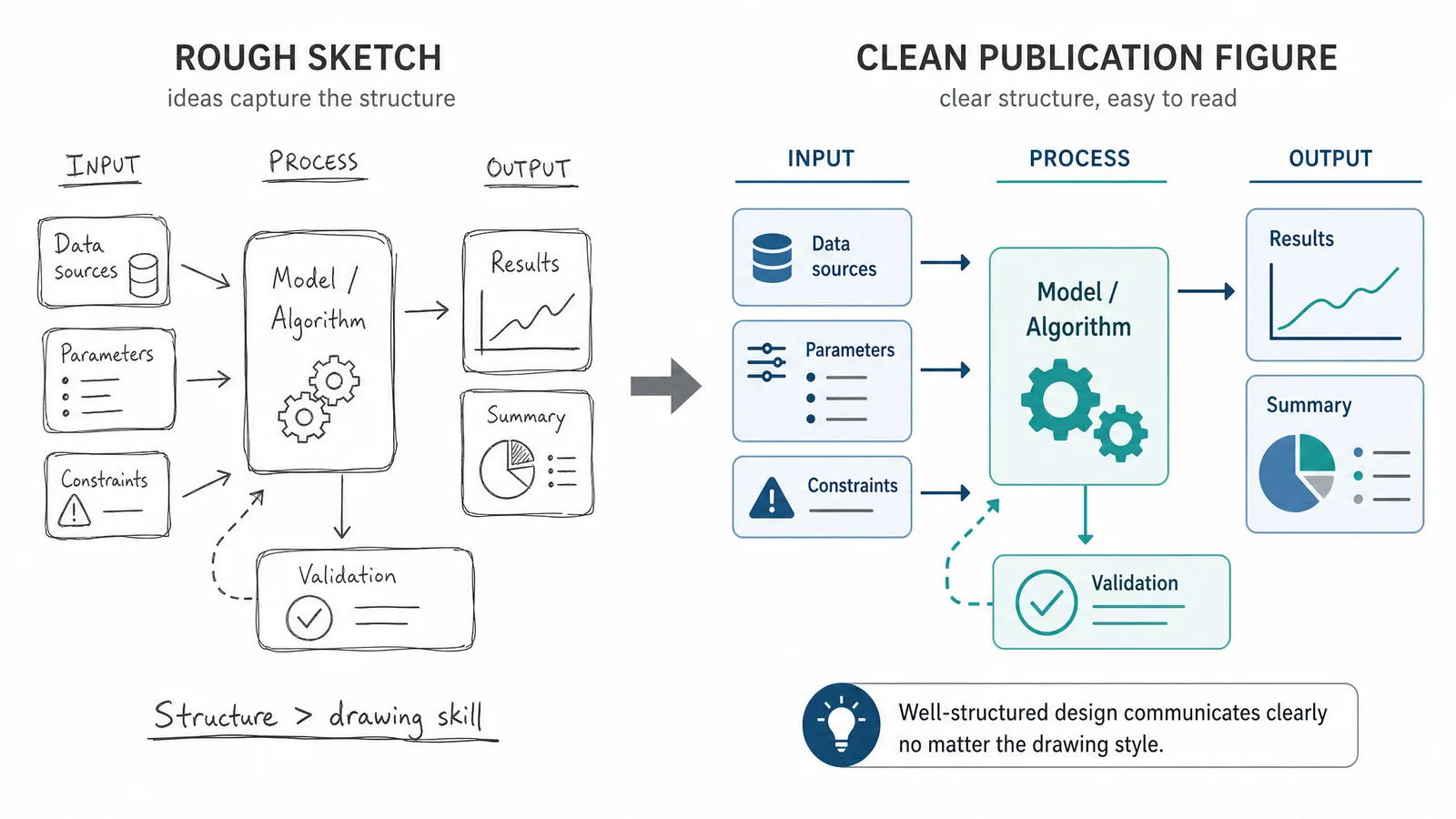 A rough hand sketch beside the clean publication figure derived from it, showing that structure matters more than drawing skill (Figure generated with SciFig)