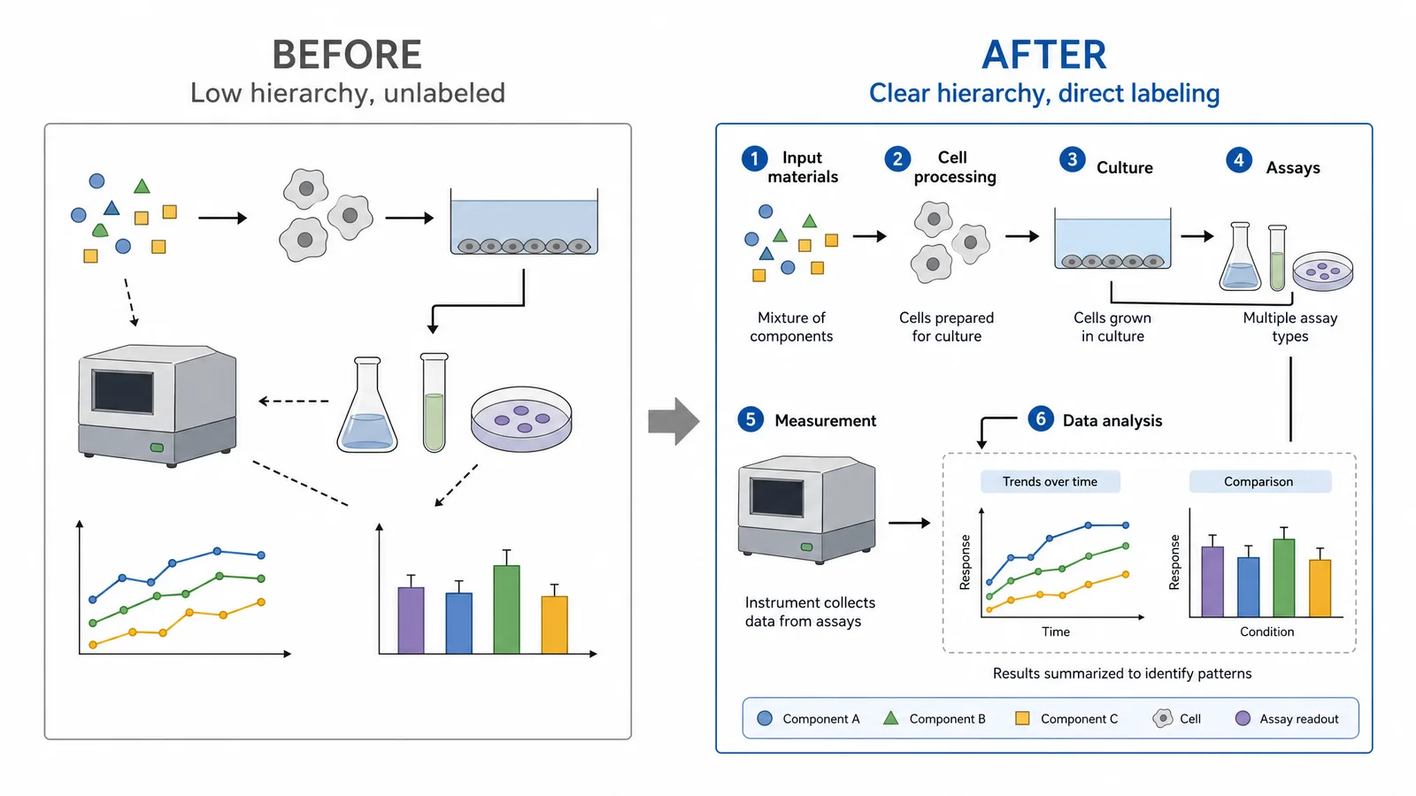 A figure shown before and after applying visual hierarchy and direct labelling (Figure generated with SciFig)