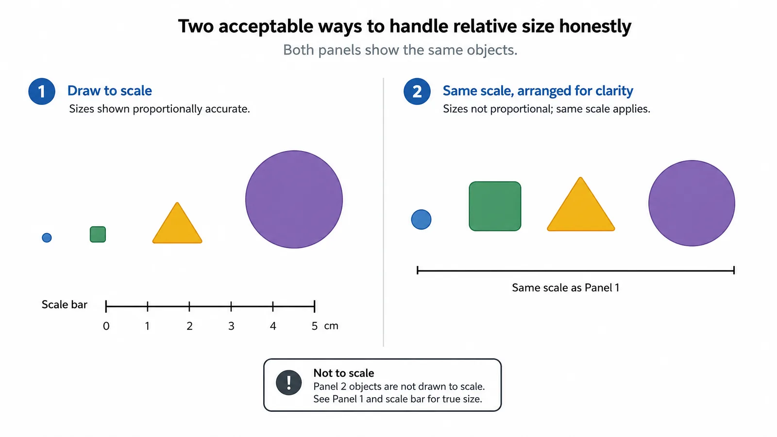 A figure with a scale bar and a not-to-scale annotation, showing two acceptable ways of handling relative size honestly (Figure generated with SciFig)