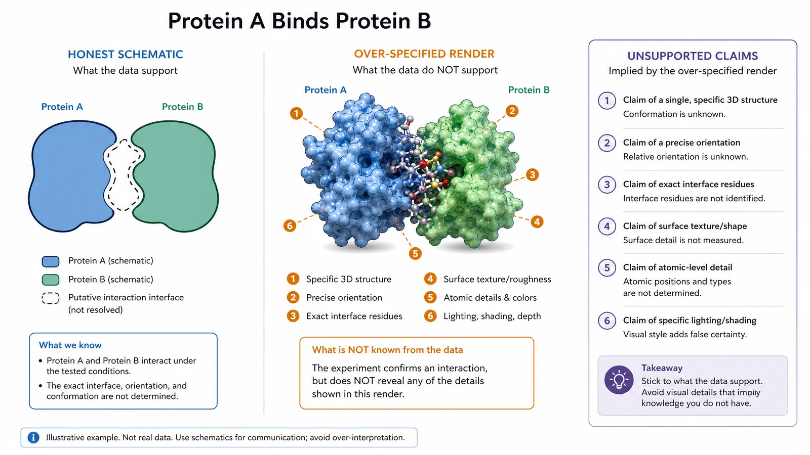 The same protein interaction shown as an honest schematic and as an over-specified photorealistic render, with the unsupported claims annotated (Figure generated with SciFig)
