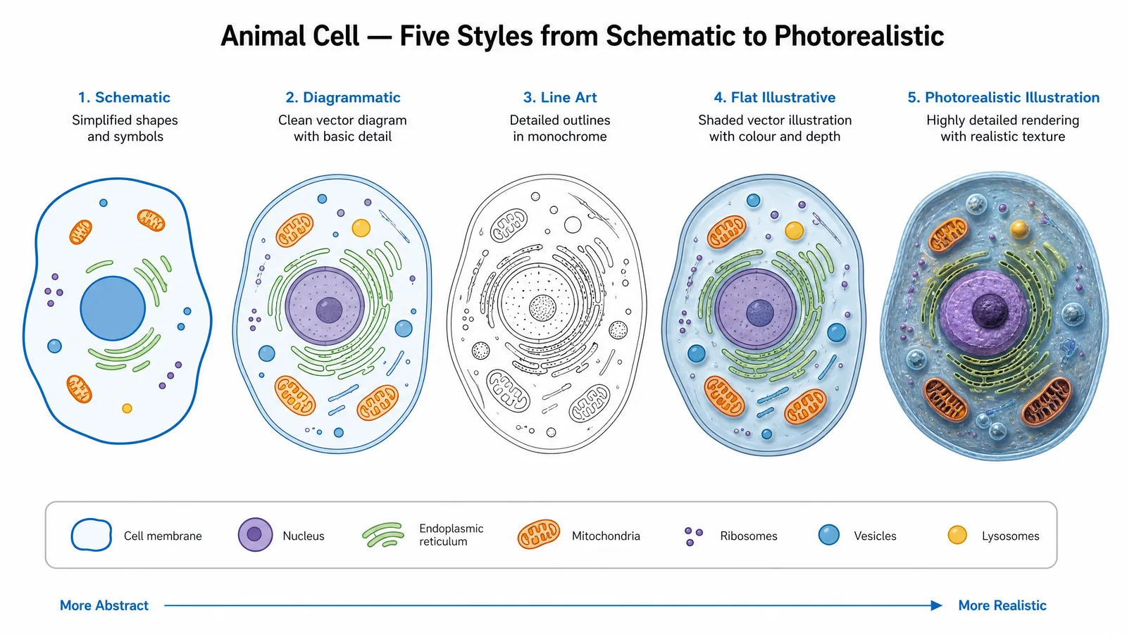 A single biological structure rendered in five styles from schematic through line art to photorealistic (Figure generated with SciFig)
