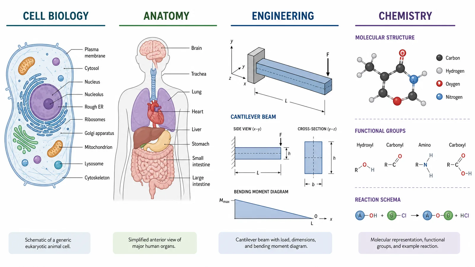 Field-typical illustration styles for cell biology, anatomy, engineering, and chemistry shown side by side (Figure generated with SciFig)