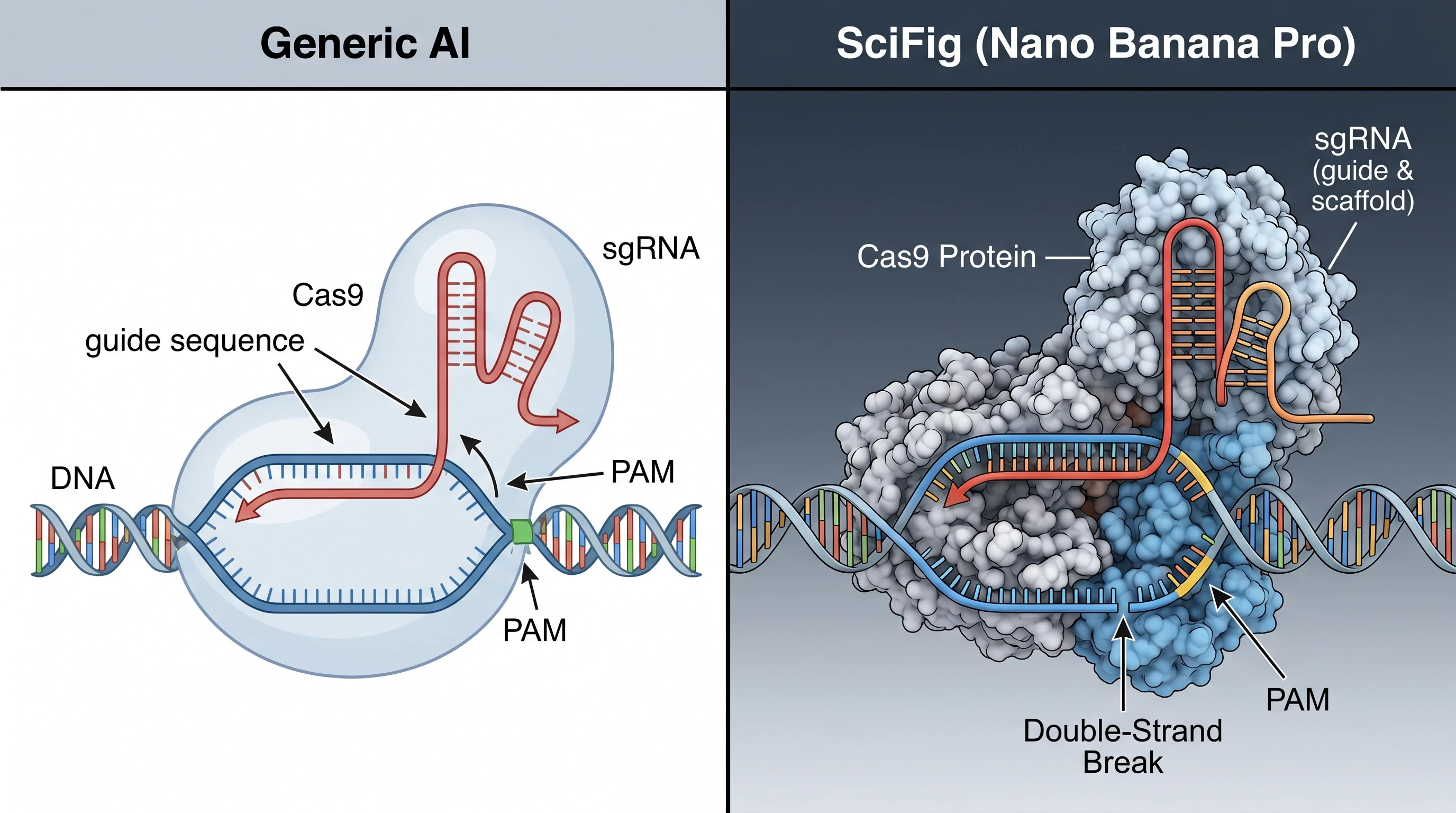 CRISPR mechanism accuracy: generic AI vs SciFig domain-tuned model (Figure generated with SciFig)