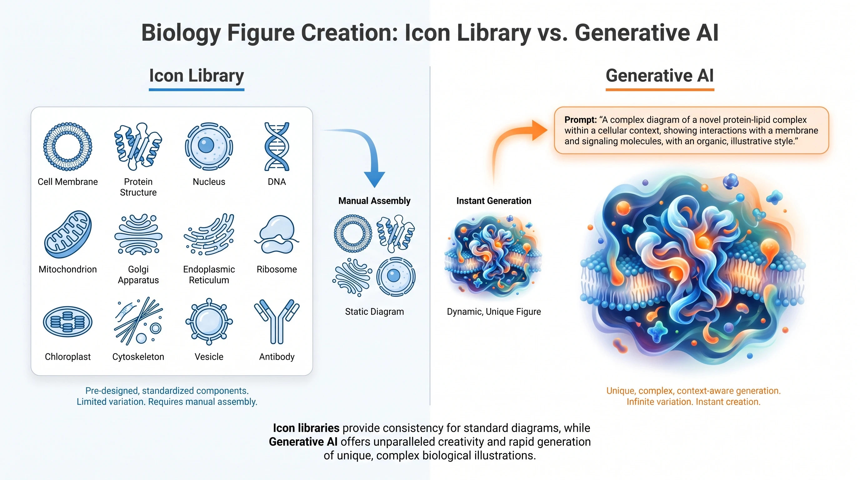 Icon library vs generative AI: two workflows compared visually (Figure generated with SciFig)
