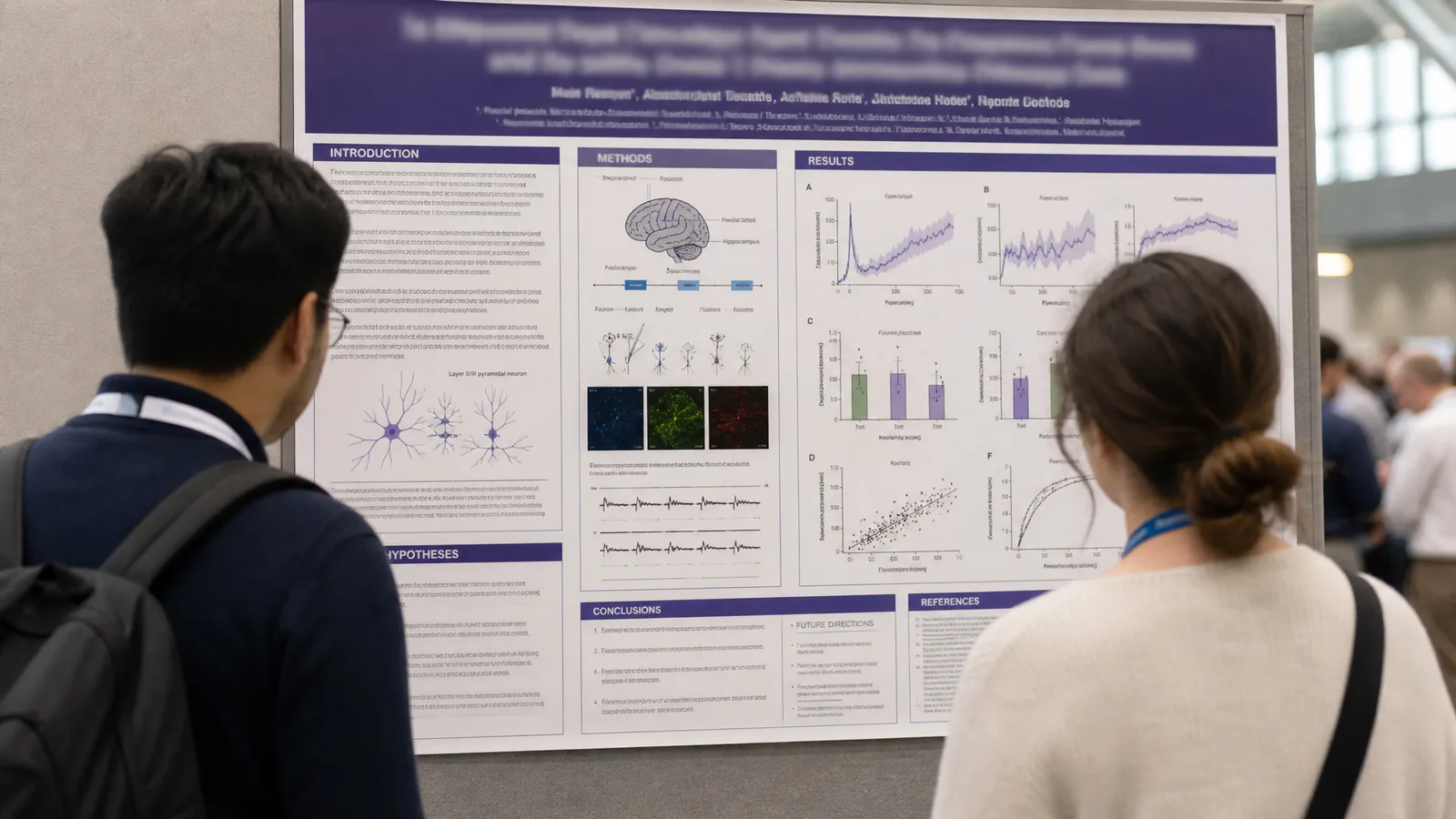SfN Neuroscience 2026 poster session viewed over a delegate's shoulder: a full neuroscience poster with title bar, author row, and multi-panel layout on the board, lanyard crowd blurred behind at the Walter E. Washington Convention Center (Figure generated with SciFig)